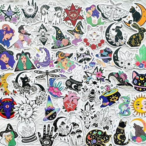 50PCS Witchy Aesthetic Stickers for Water Bottles Cute Astrology Moon Crystal Tarot Witch Stickers Waterproof Vinyl Decals for Laptop Journal Scrapbook Planner Goth Spiritual Gifts