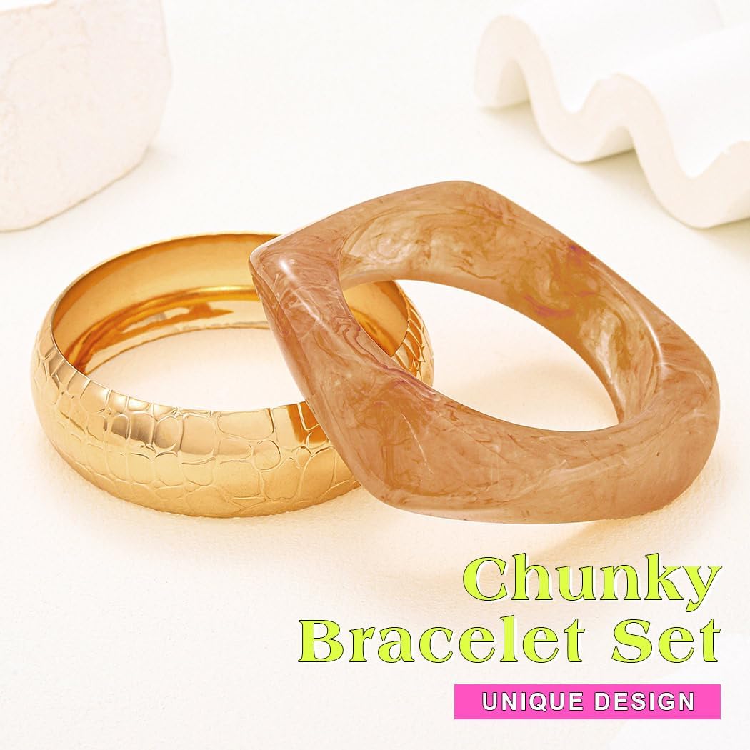 ACEDRE Chunky Acrylic Bangle Bracelet Gold Resin Statement Bangles Set for Women - Image 2