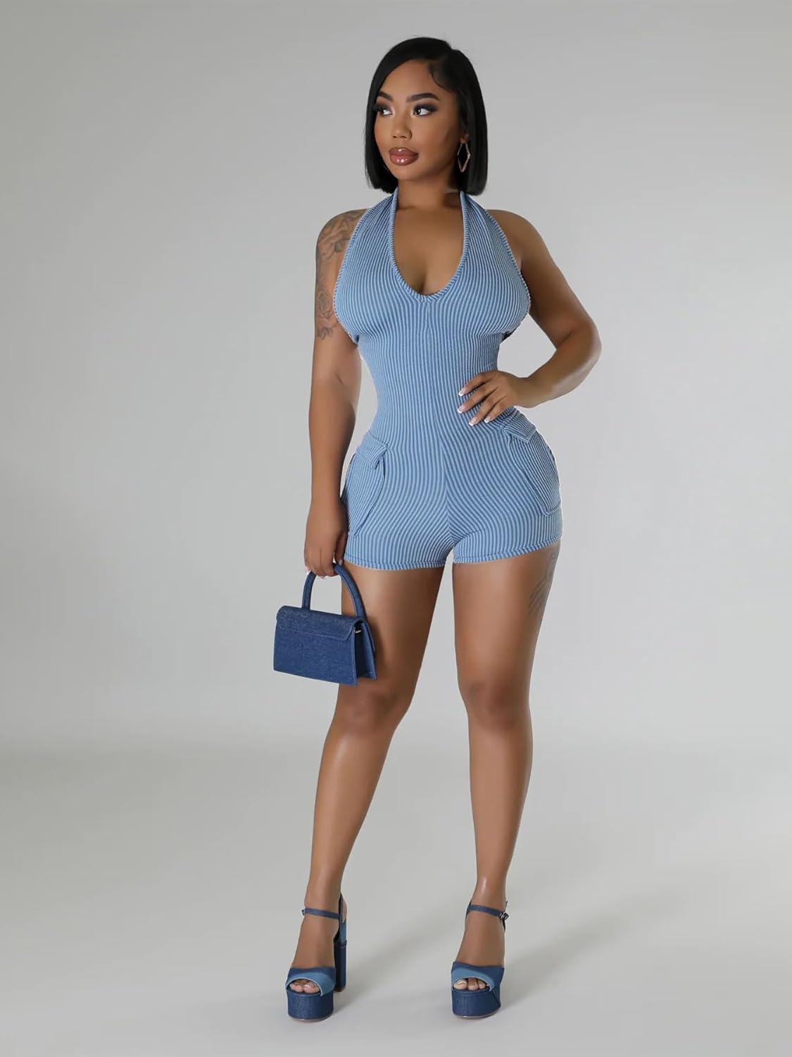 Molilove Women's Sexy Short Jumpsuits V Neck Sleeveless High Elasticity Short Rompers with Pockets Bodycon One Piece Outfits - Image 2