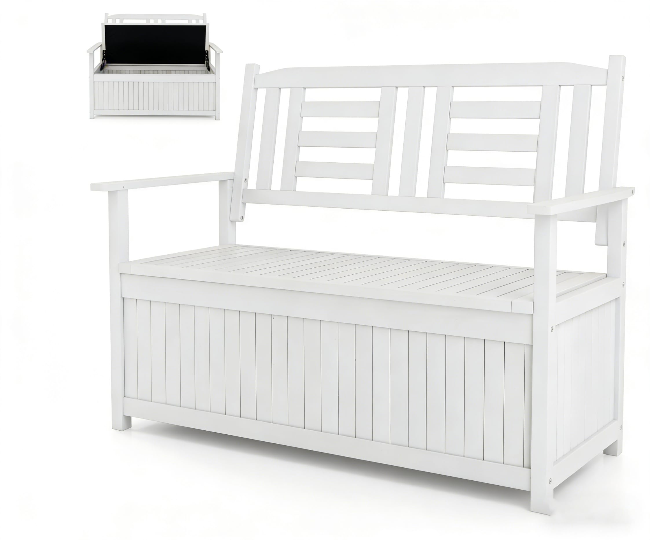 KOMFOTTEU Banco Arcón de Jardín de 2 Plazas, Banco Exterior de Madera Maciza con Almacenamiento 185 L, Baúl Contenedor con Reposabrazos y Respaldo, Carga 250 kg, 123 x 68,5 x 96 cm (Blanco)