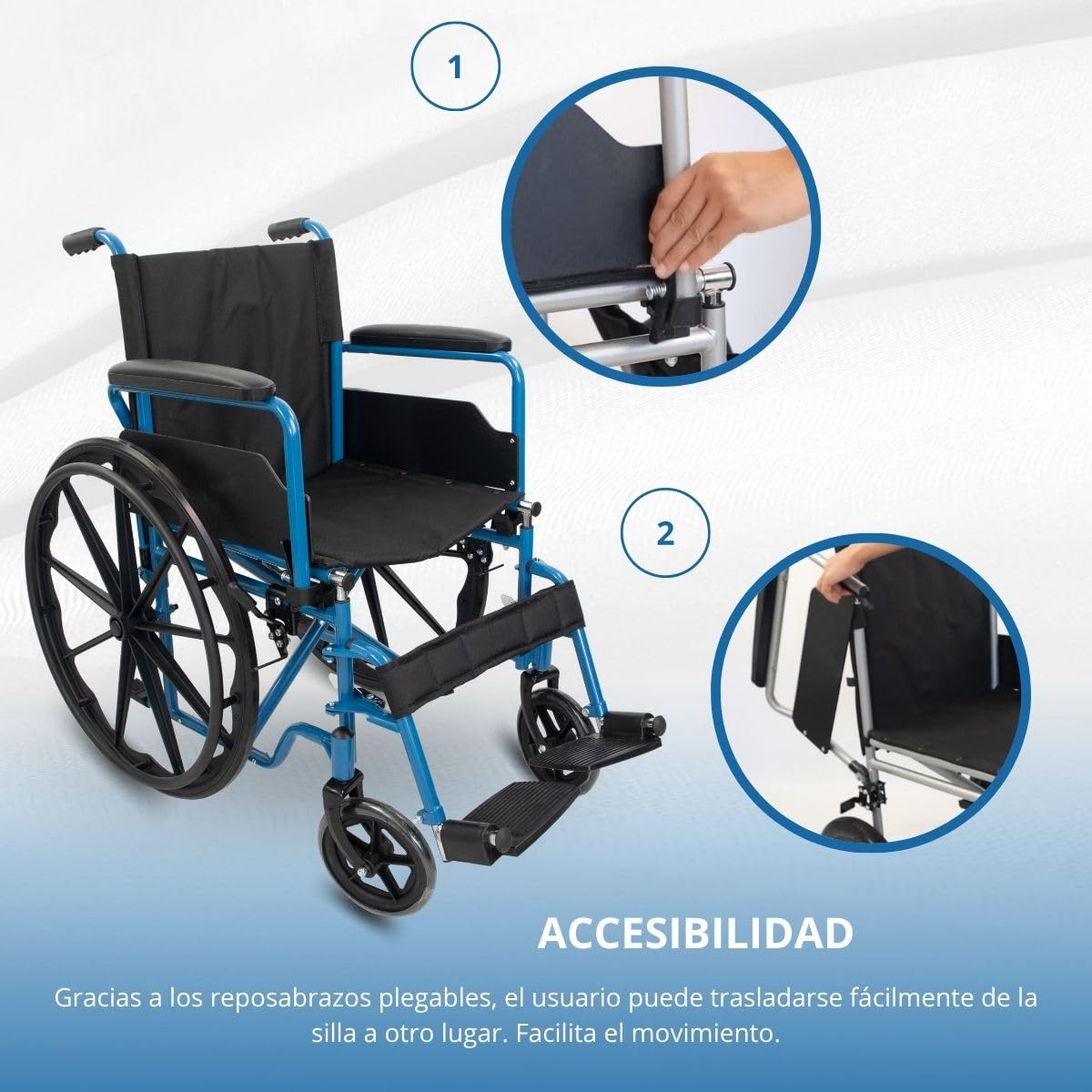 Mobiclinic®, Silla de ruedas plegable, Autopropulsable, Extracción rápida pulsando un botón, Asiento 46 cm, Reposapiés y reposabrazos abatibles, Palanca freno, Resistente, Azul, Marsella