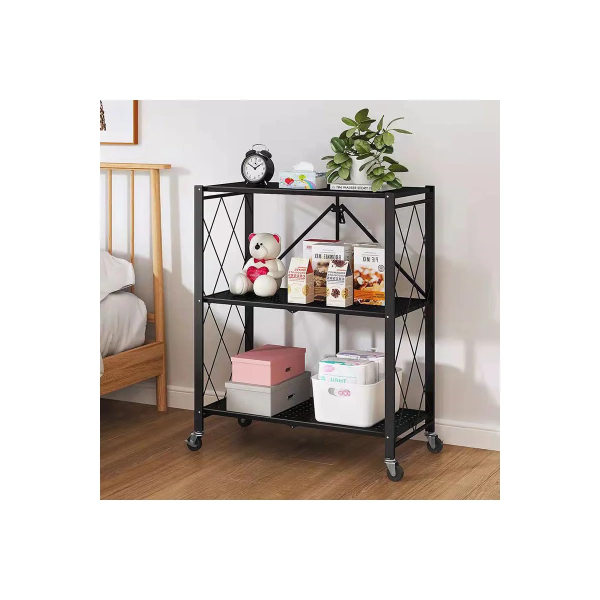 J&V TEXTILES Scaffale pieghevole con ruote, scaffale pieghevole in metallo, per libri, cucina, dispensa e armadio, decorazione per ufficio (3 livelli)