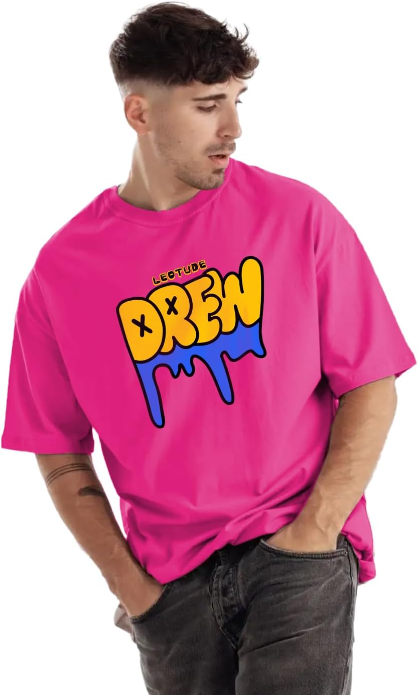 LEOTUDE Half Sleeve Oversized Cottonblend Round Neck Colorful Printed Drop Shoulder Men's T-Shirt (Color Pink)
