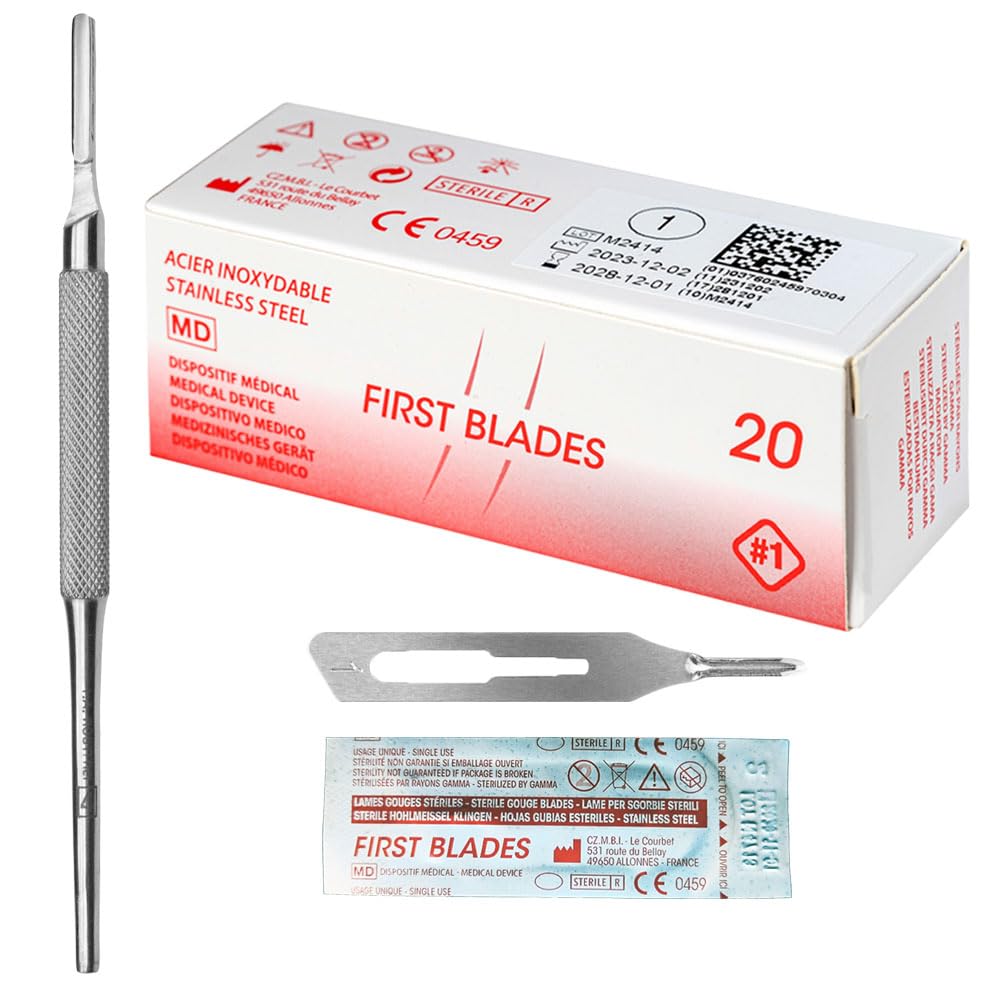May Set Lames de Gouge pour Podologie & Pédicure | 20x Lames stériles Fig 1 en Acier Carbone + Manche de Scalpel N°3 en Inox | Instruments professionnels pour cors et callosités