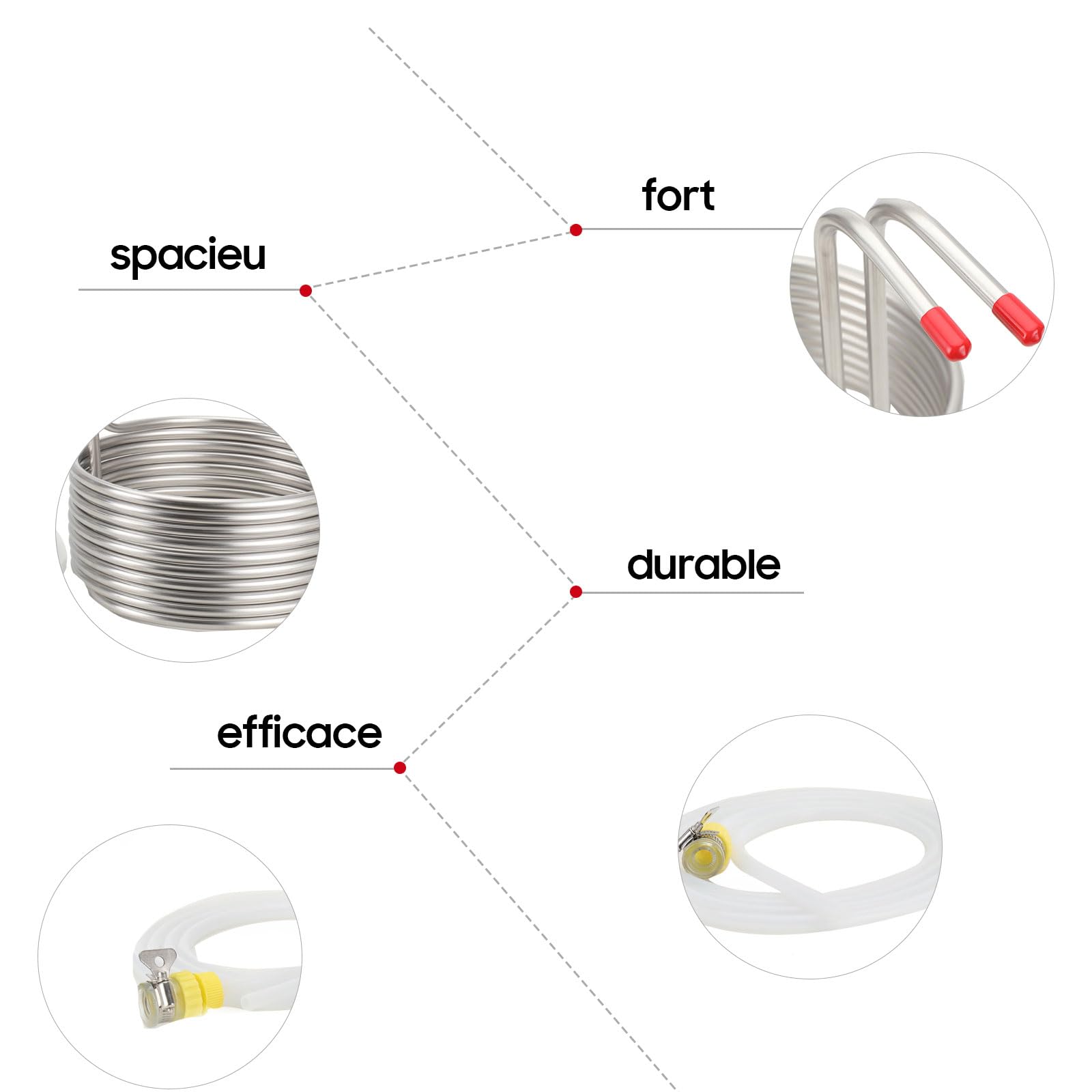 Refroidisseur de Moût, Refroidisseur à Immersion Spirale de Refroidissement à Eau de Refroidissement de Bière, en Acier Inoxydable en Spirale, Comprenant 2 tuyaux, Argent
