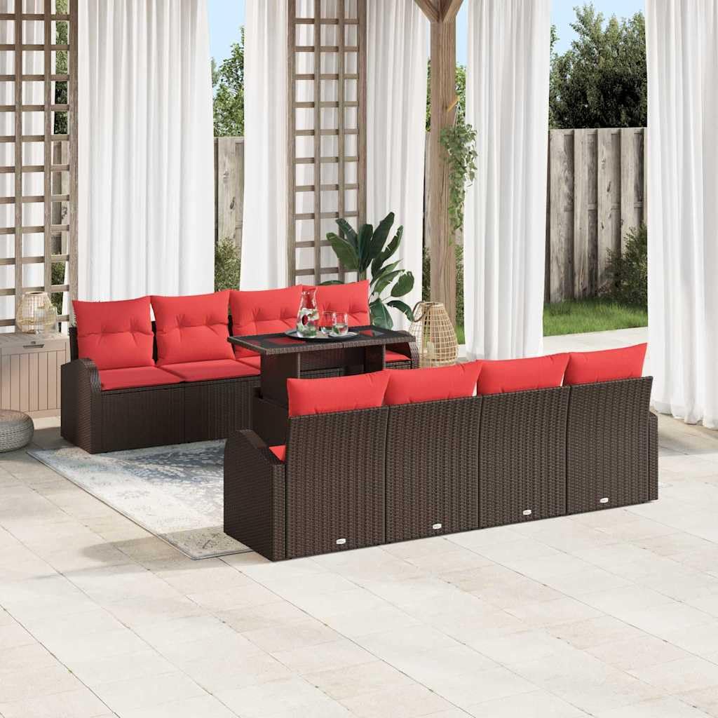 Juego de 9 sofás de jardín, muebles de jardín de polirratán marrón, sofá esquinero modular con mesa y cojín de asiento, cómodo grupo de asientos para jardín, terraza, exterior, 234 x 179 x 85