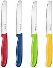 Breakfast Knife Set of 4, Table Knife, Serrated Edge, Knife Set, Sharp, Multicoloured Knife Set, Plastic Handle, Tomato Knife, Bread Knife, Small, Stainless Steel Lunch Knife, Colourful