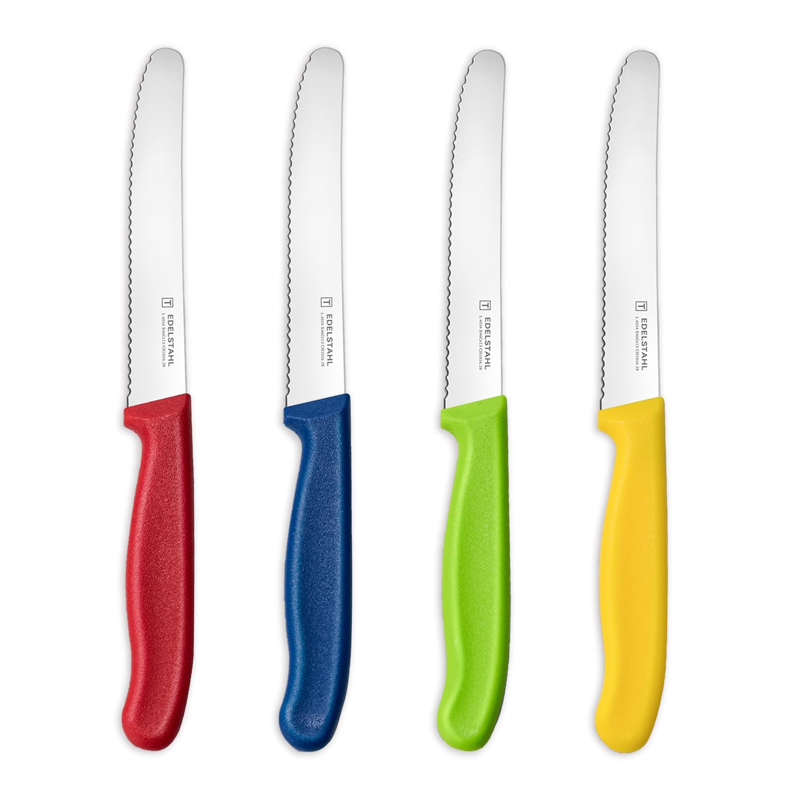 targzier Frühstücksmesser 4 Stück,Tafelmesser Wellenschliff,Messerset Scharfe,Mehrfarbig Messer Set,Kunststoffgriff Tomatenmesser,Brotmesser Klein,Rostfreier Stahl Jausenmesser,Bunt