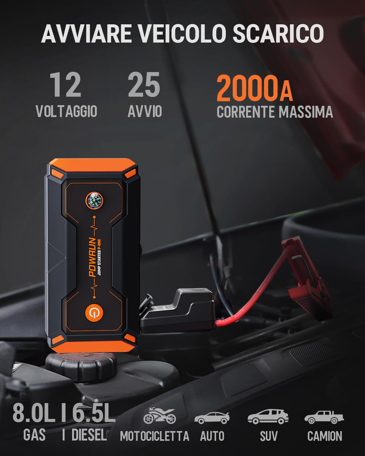Powrun P-ONE Avviatore Batteria Auto,2000A Avviatore di Emergenza per Auto(Motori Fino a 8.0L Gas o 6.5L Diesel),12V Booster Avviamento Auto con Torcia a LED&USB Quick Charge 3.0,Custodia da Trasporto