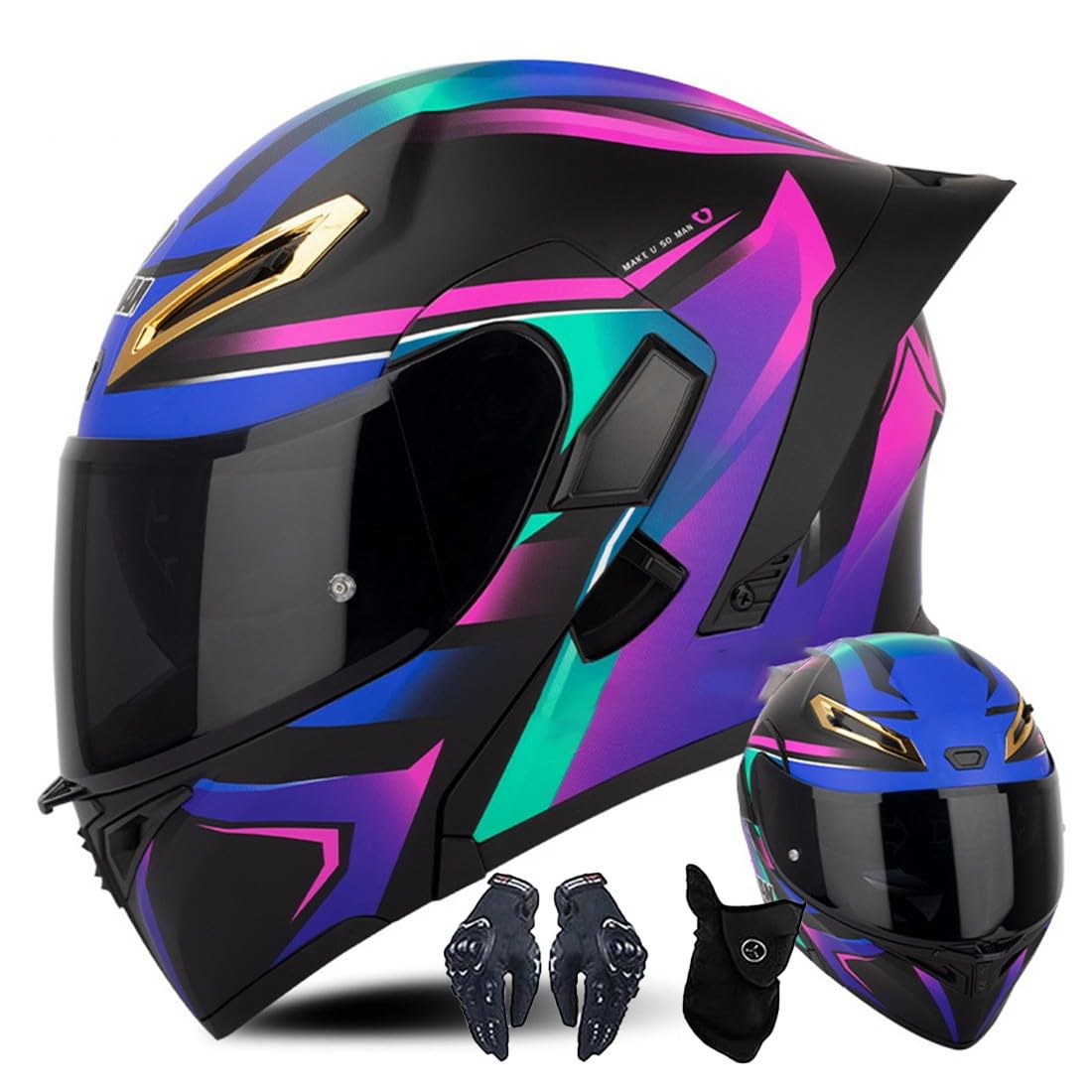 Modularer Motorradhelm Mit Handschuhen Und Gesichtsschutz, Flip Up Helm Erwachsener Motorradhelm Mit Doppelvisier, ECE-geprüfter Helm Für Männer Und Frauen