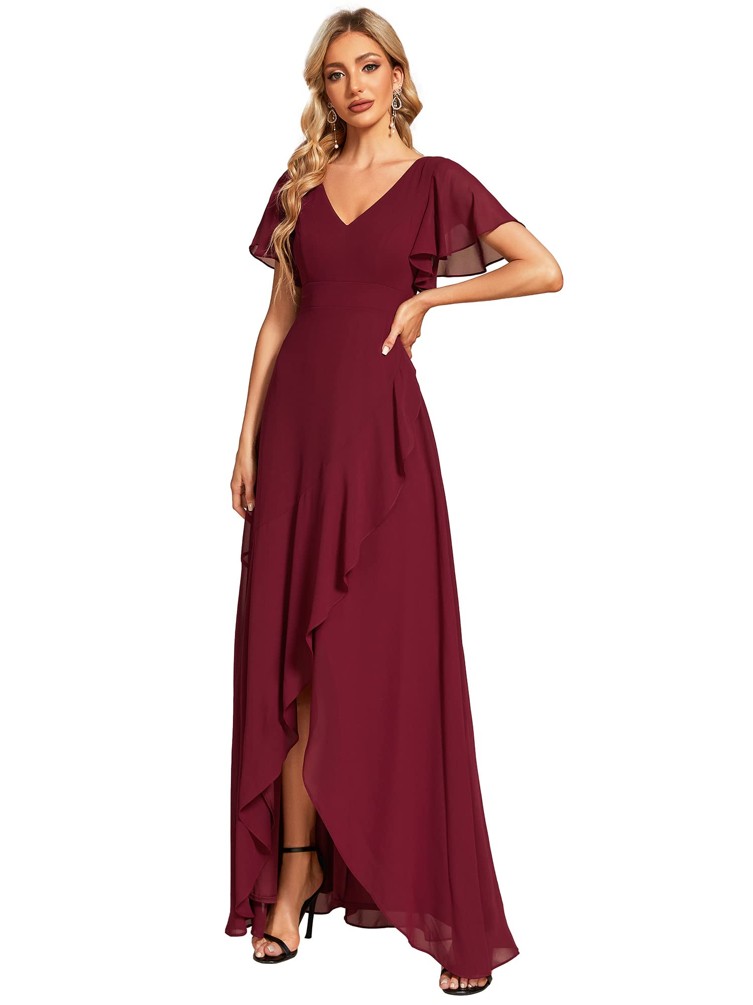 Ever-Pretty ES01749 Jurk voor trouw, gast, dames, lang, asymmetrische korte mouwen, V-hals, split, vloeiend, chic, Donkergroen, 48