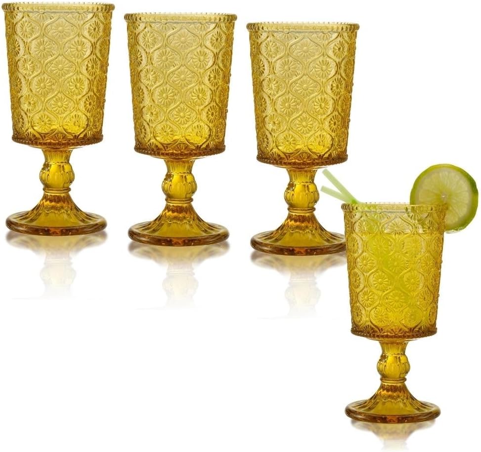 Qualia Glass Cameo Amber Goblets Wine Goblet Glasses Set of 4 Vintage Glassware 10 oz Lead-Free Colored Wine Glasses Dishwasher Safe Amber Water Goblets Golden Goblet Table Art