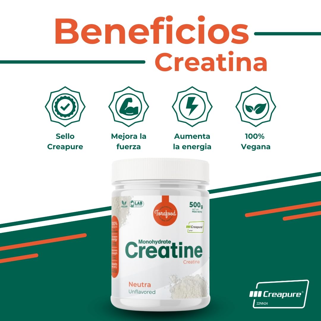 Creatina Monohidrato Creapure en Polvo | 500G | Sabor Neutro | Aumento de Masa Muscular y Resistencia | Gran Solubilidad | 100% Vegana | Torafood