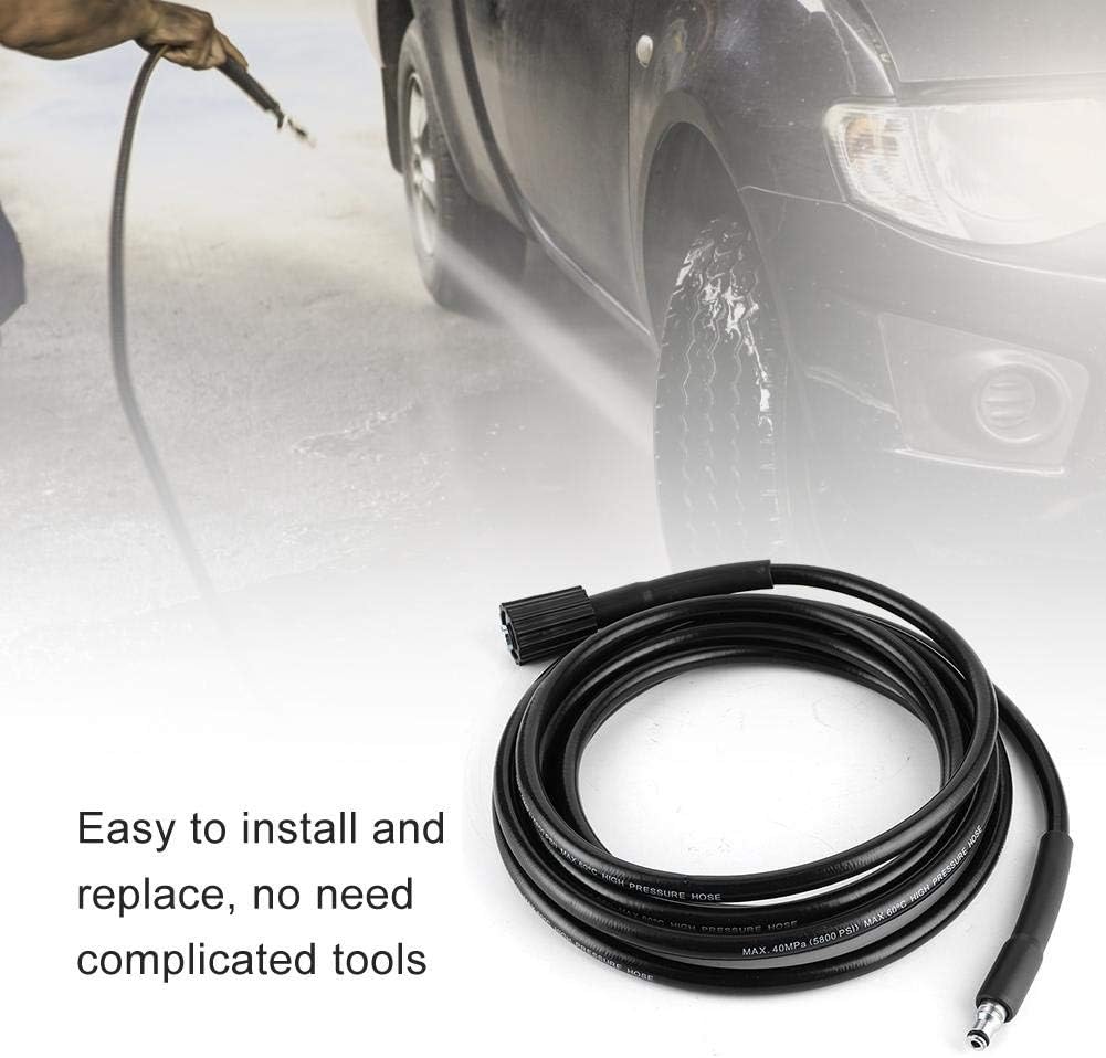 Hose connected to pressure washer wand cleaning a car