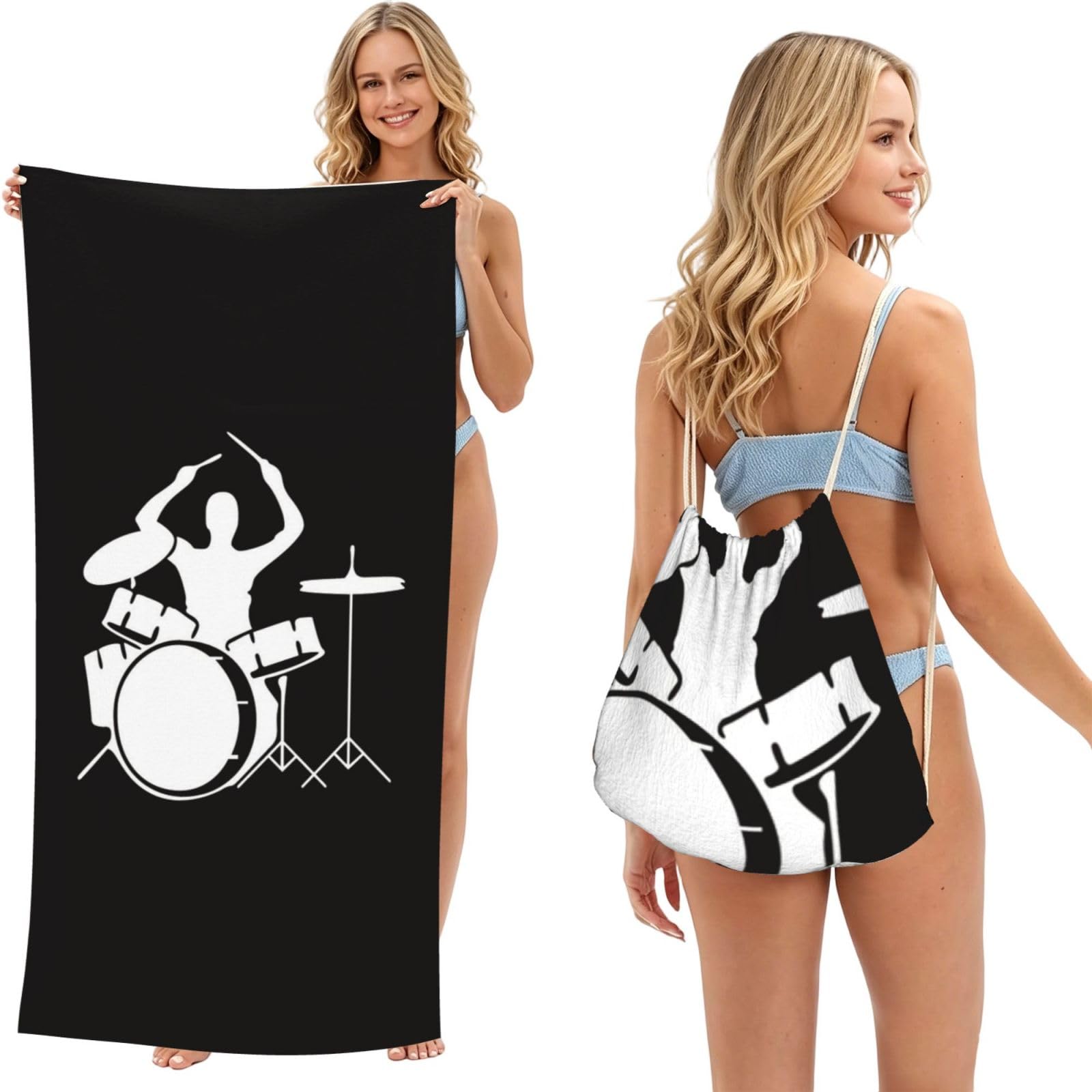 WSHFFILO Drummer printed 2 in 1 Packable Towel Bag Bath Towel Beach Towel