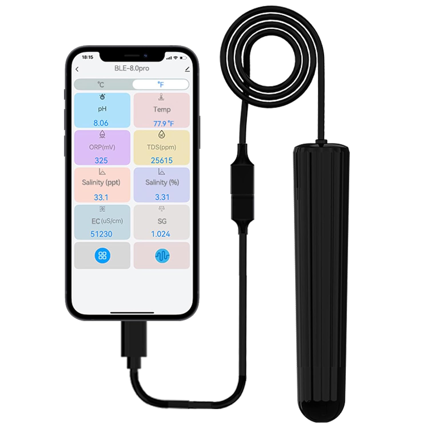 Bluetooth 7-in-1 Water Quality Monitor with App Control, pH TDS EC ORP SG Salinity Temp Meter for Freshwater & Saltwater Aquariums, Hydroponics, Drinking Water