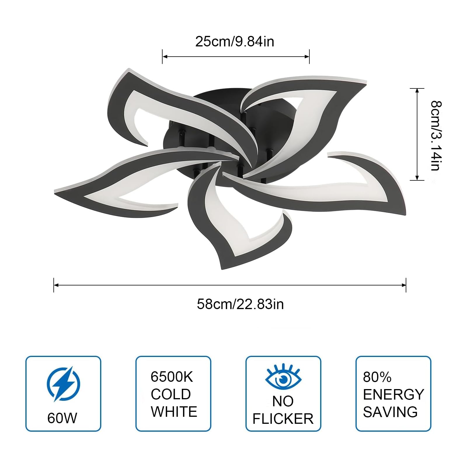 Comely Lampa sufitowa, Plafon LED 60 W 6750 LM, zimna biel 6500K, czarna nowoczesna lampa sufitowa do sypialni, salonu, jadalni (średnica 60 cm)