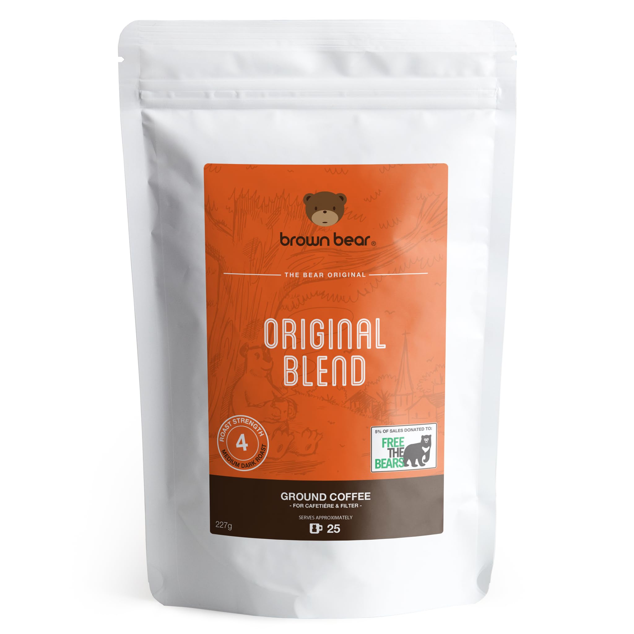 Medium Dark Roast Strong Ground Coffee 227g - Ideal for French Press Cafetiere Filter Drip V60 Aeropress - Brown Bear Original Blend - Strength 4 Coffee - Donation to Free The Bears