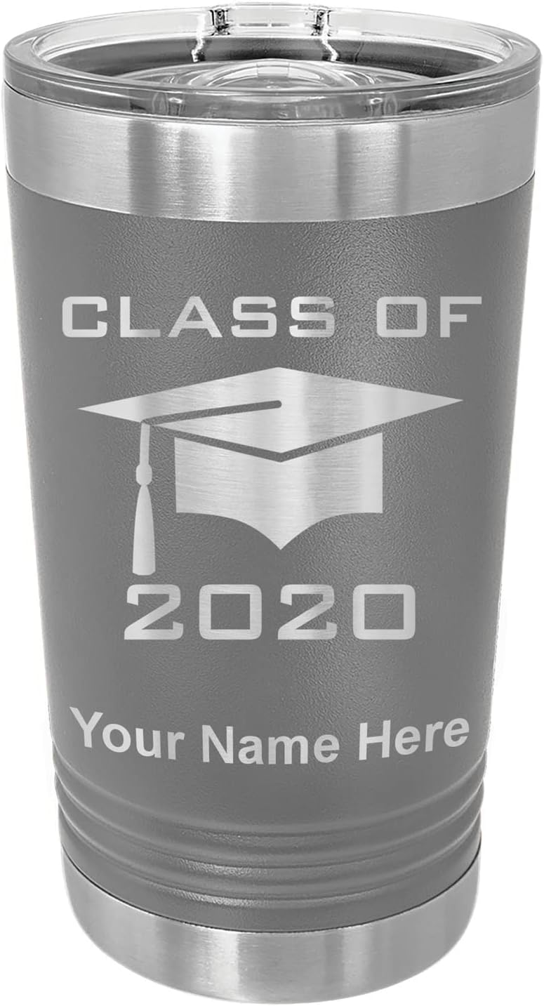LaserGram 16oz Vacuum Insulated Pint Tumbler, Grad Cap Class of 2024, 2025, 2026, 2027, 2028, Personalized Engraving Included (Navy Blue)