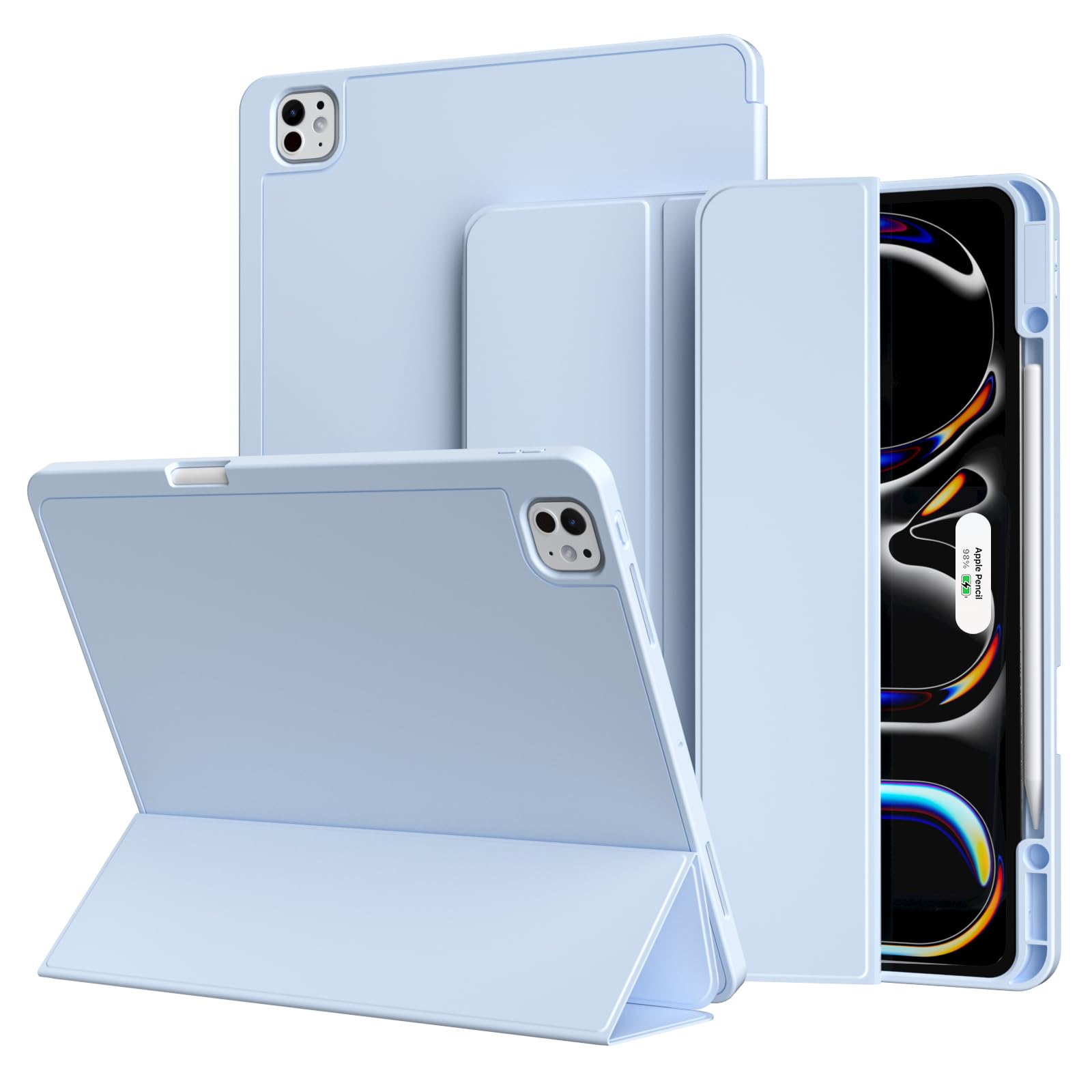 kenke Case for New iPad Pro 13 Inch (M4) 2024 7th Generation with Pencil Holder, Slim Trifold Smart Cover with Soft TPU Back, Supports Pencil Pro and Pencil(USB-C), Auto Sleep/Wake, Sky Blue