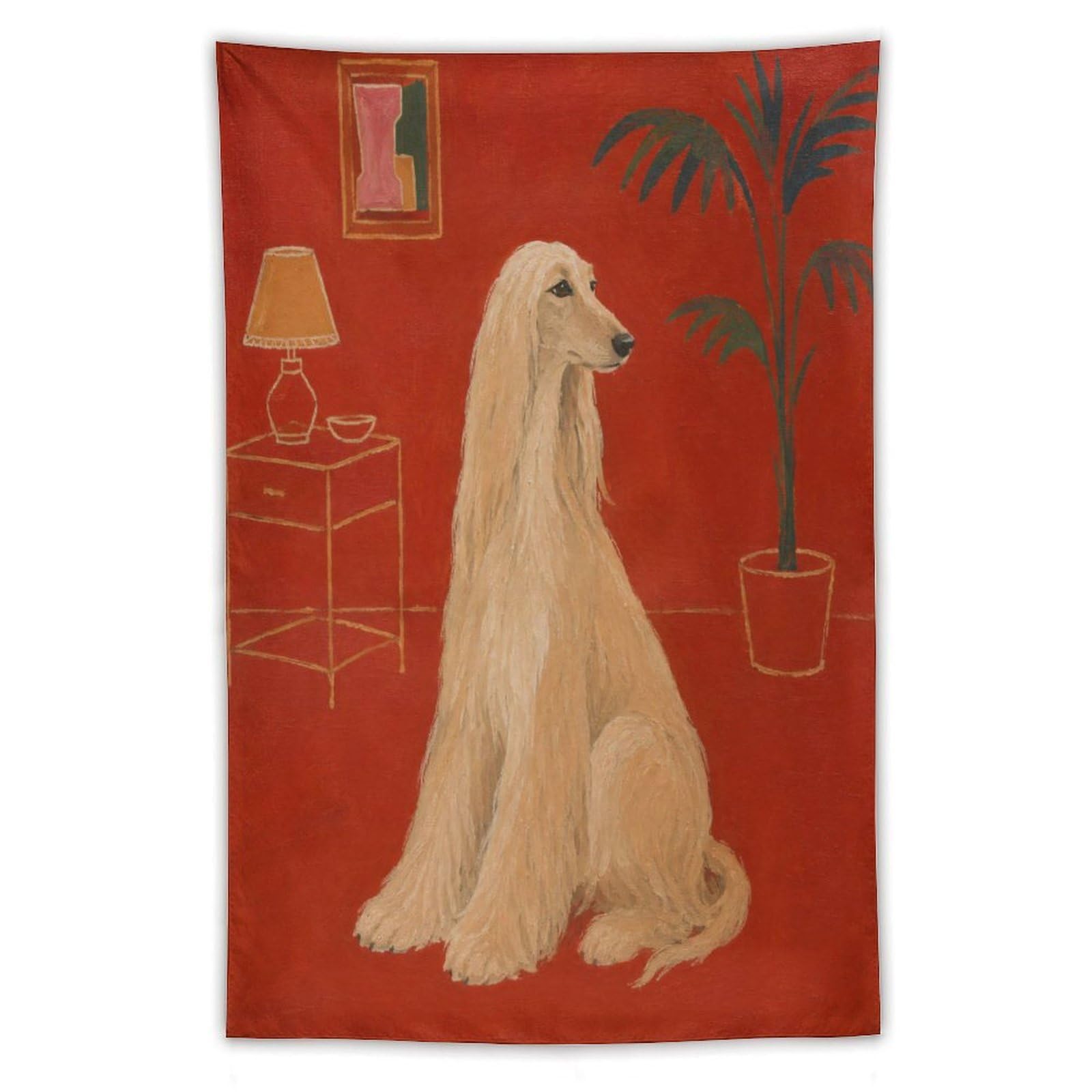 H3B8U2Y5 White Afghan Hound Wall Tapestry, Realistic Illustration, Bed