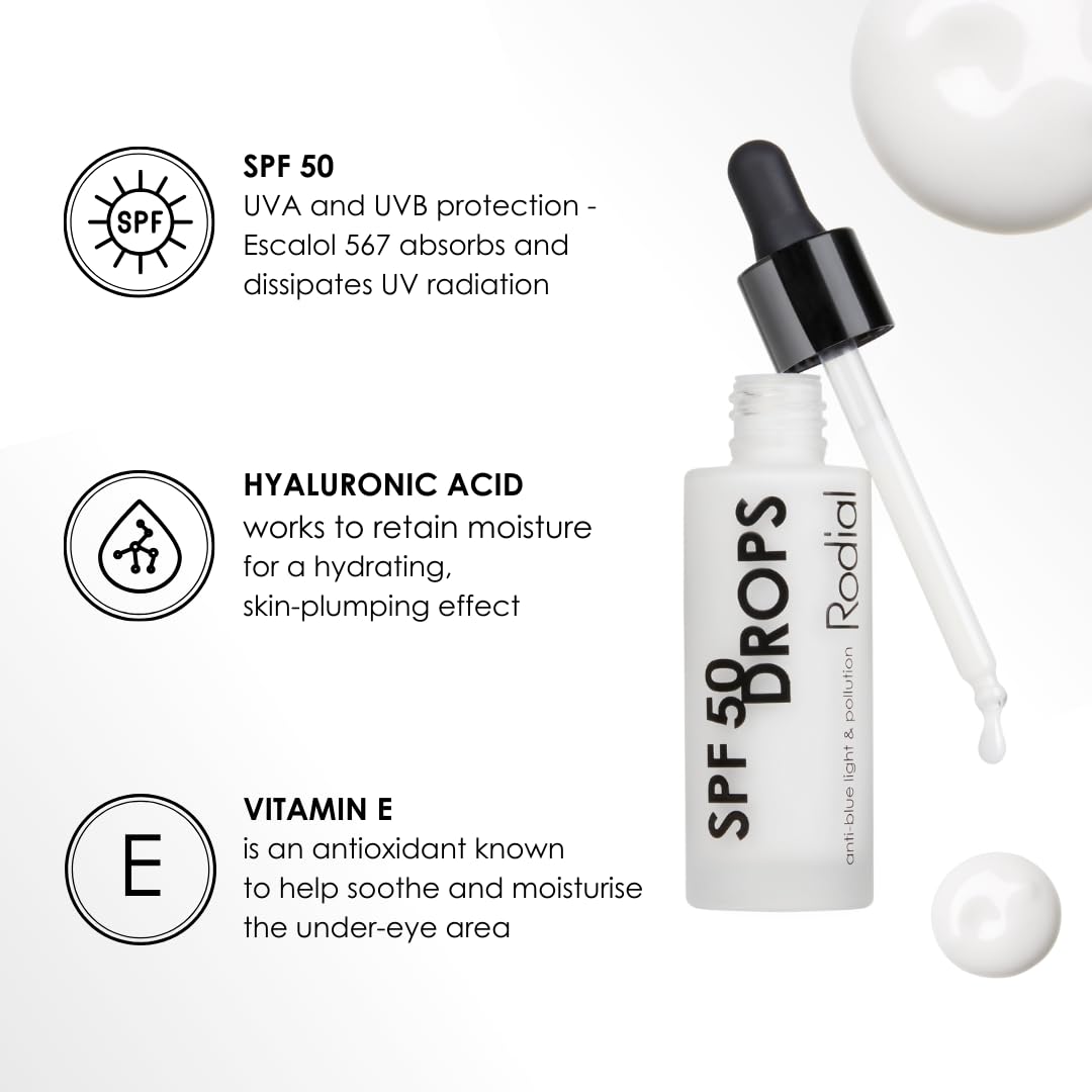 Rodial SPF 50 Drops 30ml, SPF Serum with Hyaluronic Acid and Vitamin E, UVA and UVB face protection, SPF Skin Moisturiser, SPF 50 Anti-Photoaging