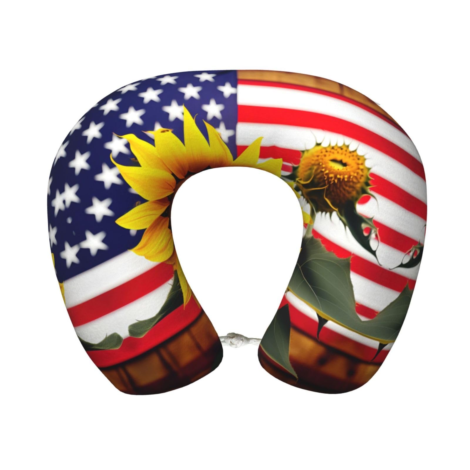 peiyeety Sunflower and American Flag Print Custom U-Shaped Pillow,Memory Foam Cervical Neck Travel Pillow,for Home,Camping,Travelling
