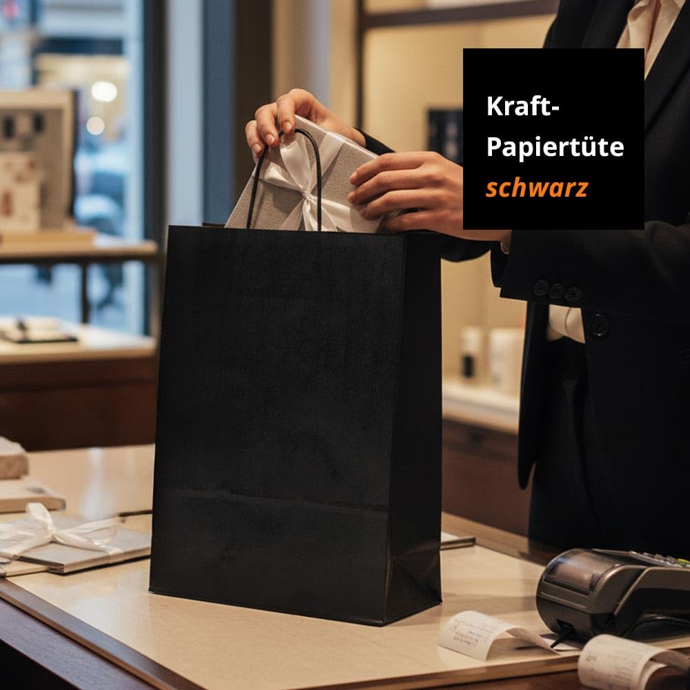 Papiertasche edel & stabil | 150 Stück schwarz 32+14x42 cm | Qualität aus deutscher Produktion | Tragetasche aus Papier | HUTNER