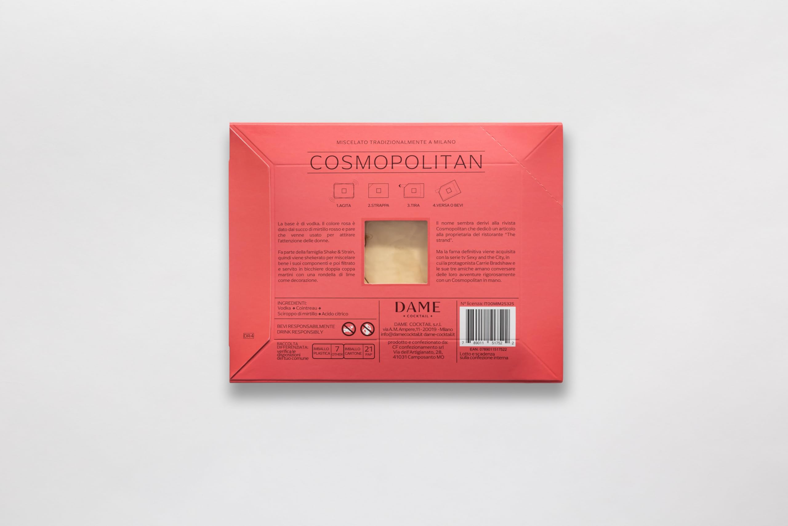 Dame Cocktail - Cosmopolitan pronto da bere, 4x100ml, cocktail premium prodotto in Italia con Vodka, Liquore d'Arancia, Succo di Mirtillo Rosso, Lime, Zucchero di Canna