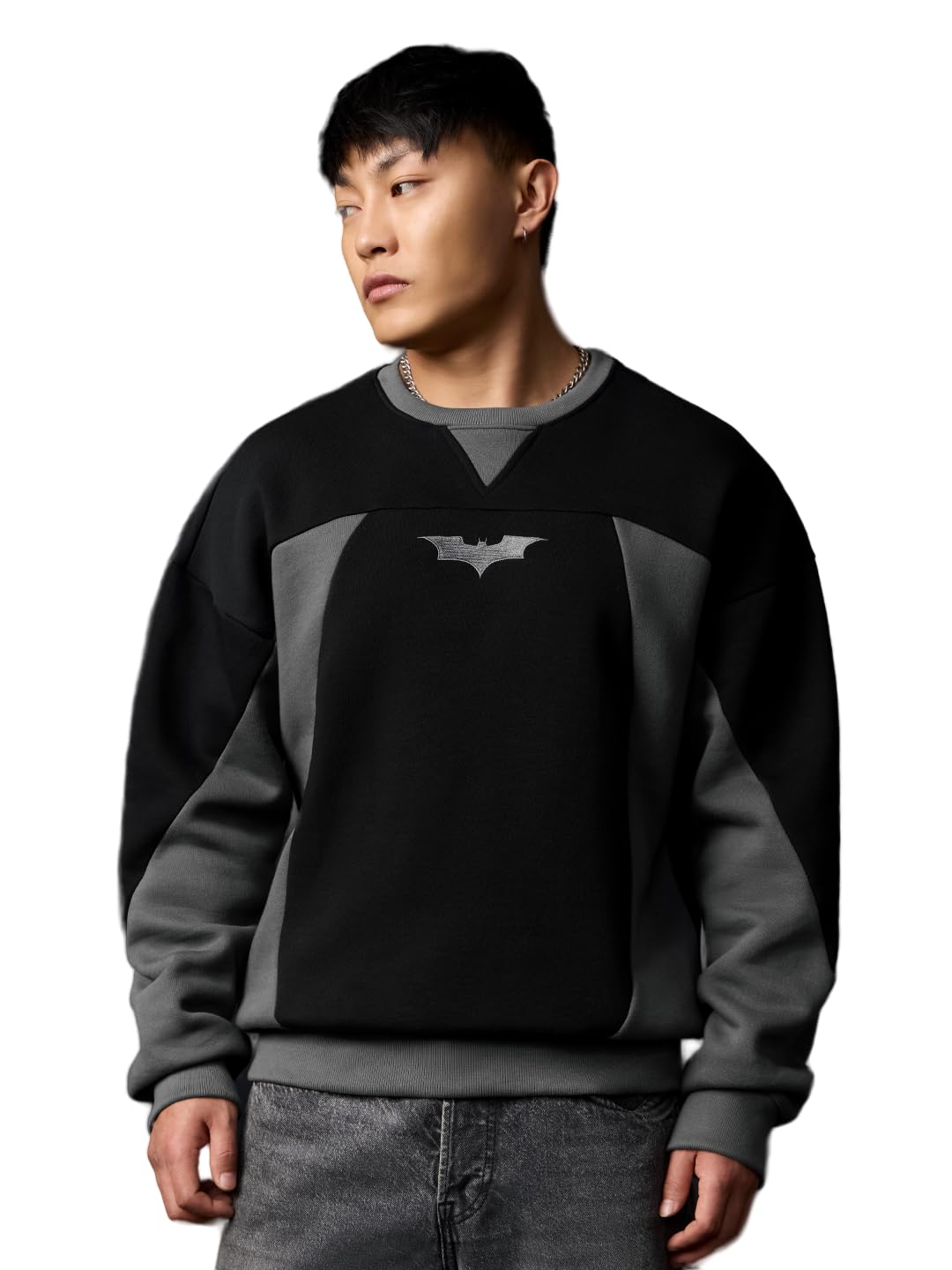 Batman: Legend Men and Boys Long Sleeves Round Neck Black Embroidered Casual Lightweight Drop Shoulder Streetwear Trendy Cotton Blend Oversized Fit Pullover Sweatshirt