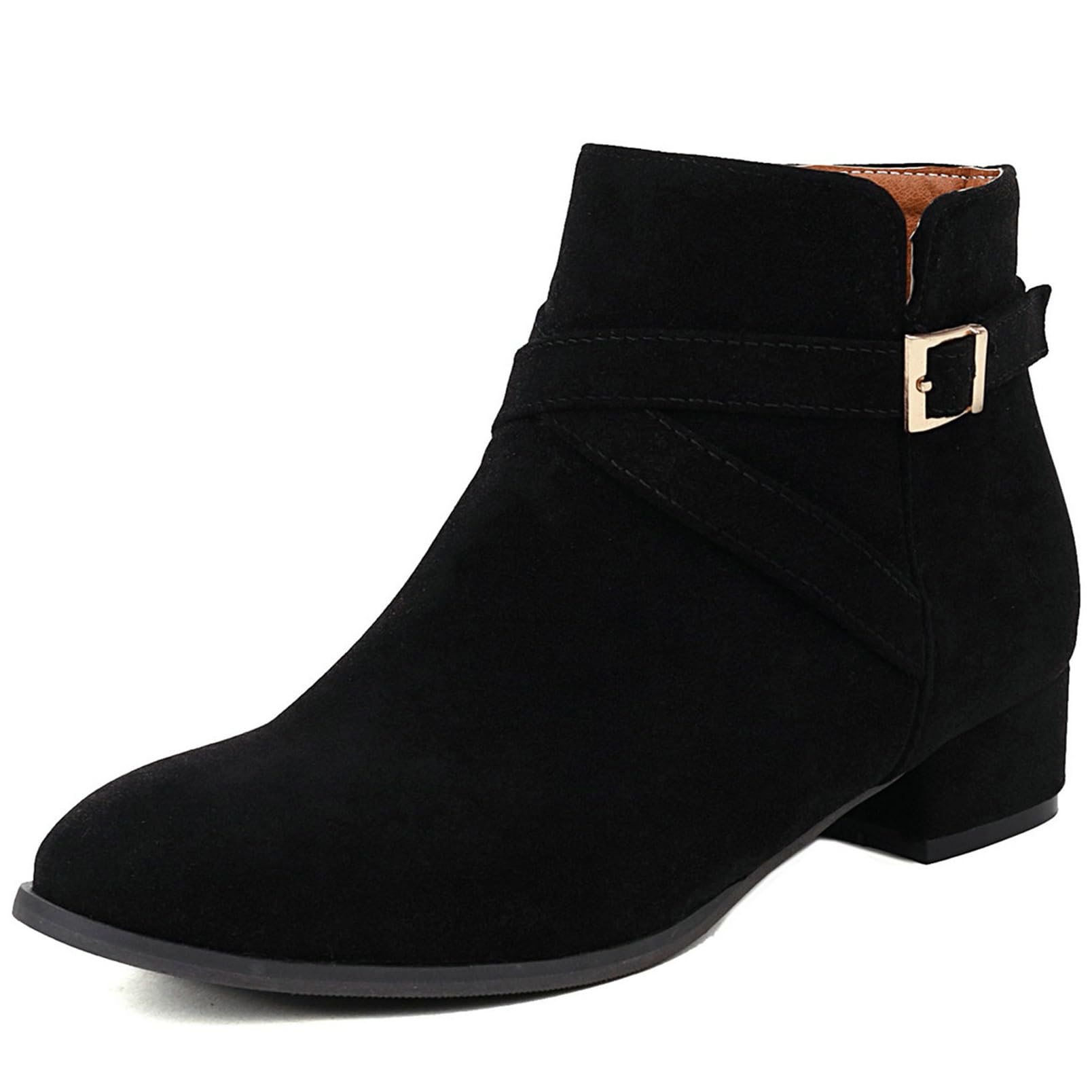 ClassicSter Womens Faux Suede Booties Round Toe Chunky Low Heel Zip Up Ankle Boots with Buckle Dress Closed