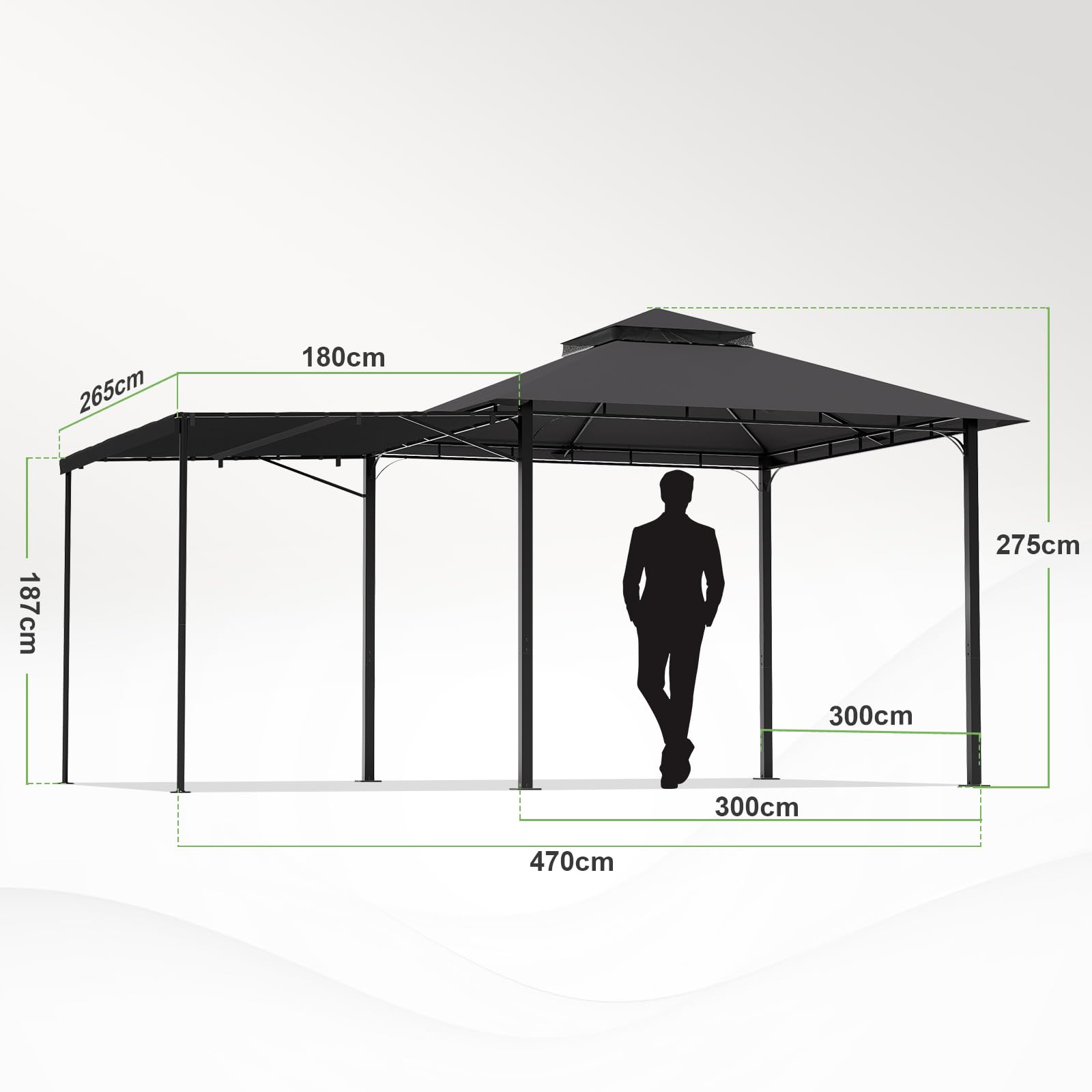 JUMMICO Pavillon 3 x 3 m Grillpavillon, mit 1.8m Verstellbarer Markise, Erweiterbar auf 3 x 4,8 m, für 6-10 Personen zum Entspannen, Grillen und Feiern, mit vierseitigem Stoffbesatz, Dunkelgrau