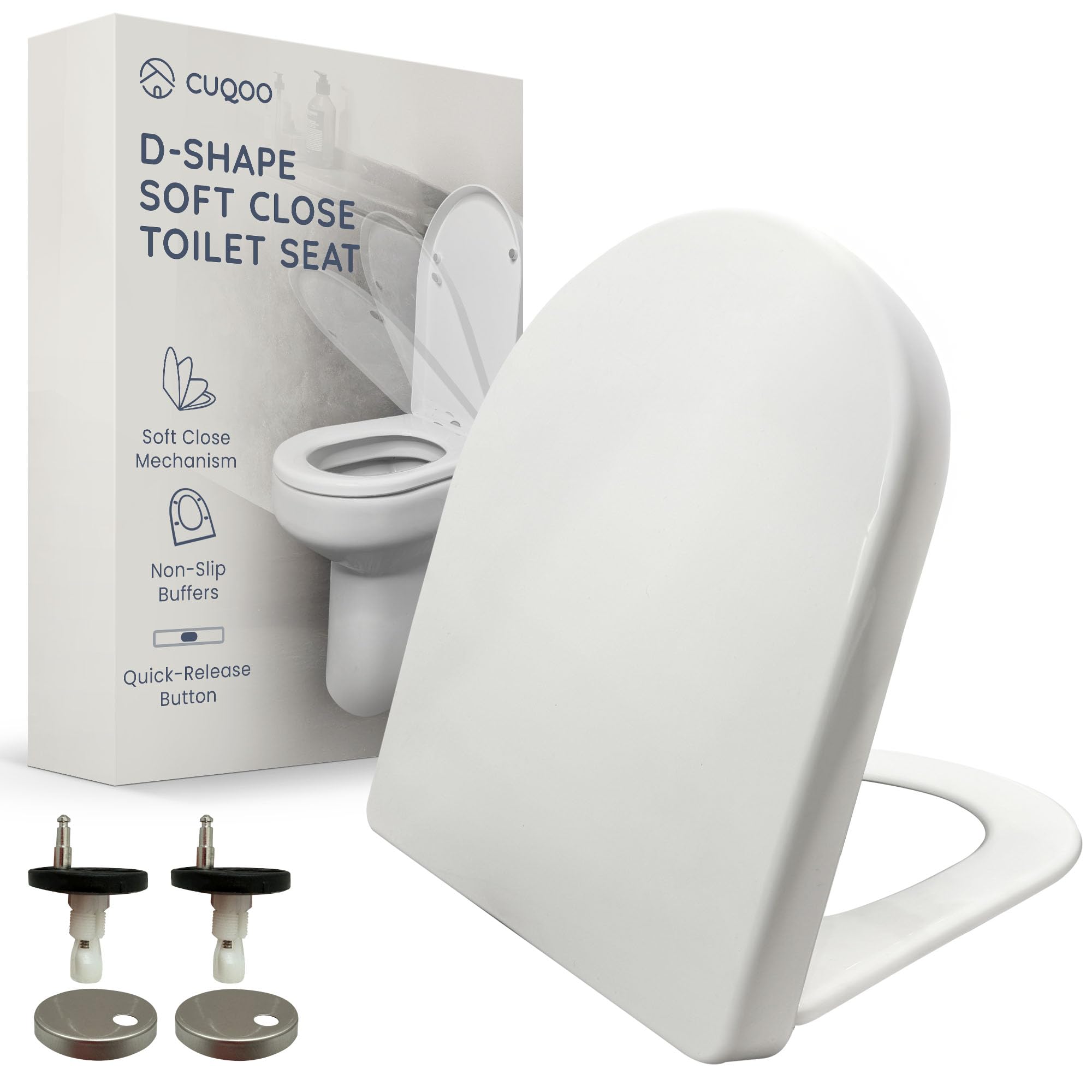 CUQOO Soft Close Toilet Seat - Premium Heavy Duty Toilet Seat with Quick Release, Easy Installation with Two Top Fixing Options, and Adjustable Hinges (D Shaped)