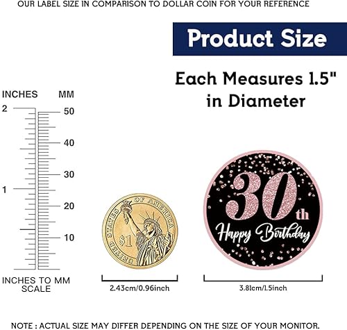 Vista 3 de REWIDPARTY Rollos de calcomanías de 30 cumpleaños de oro rosa (500 piezas) calcomanías de feliz cumpleaños 30 y fabulosas calcomanías redondas