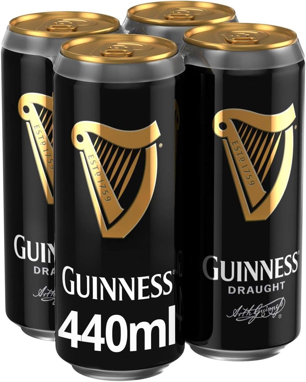 Guinness Draught Stout Beer | 4.1% vol | 4 x 440ml Cans | Iconic Stout | Rich Smooth Head & Sweetness of Malt Balanced with Hops | Ideal Served Chilled in a Guinness Beer Glass