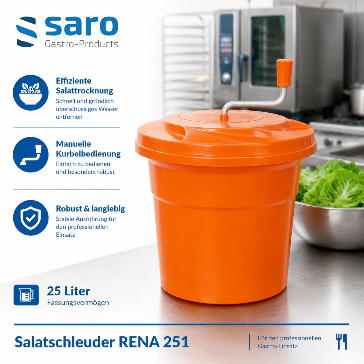 SARO Salatschleuder – 25 L – Stoßfestes Kunststoffgetriebe – Spülmaschinengeeignet – Ø 430 mm – Für schonendes Trocknen – Modell RENA 251