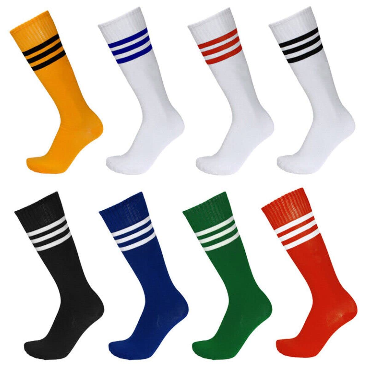 4pk of Football Stripe Sports Socks Stretchy Compression Non-slip Knee High Tube Soccer Athletic Long Multi color Stripe design Socks for Men Women Teens unisex (Navy)
