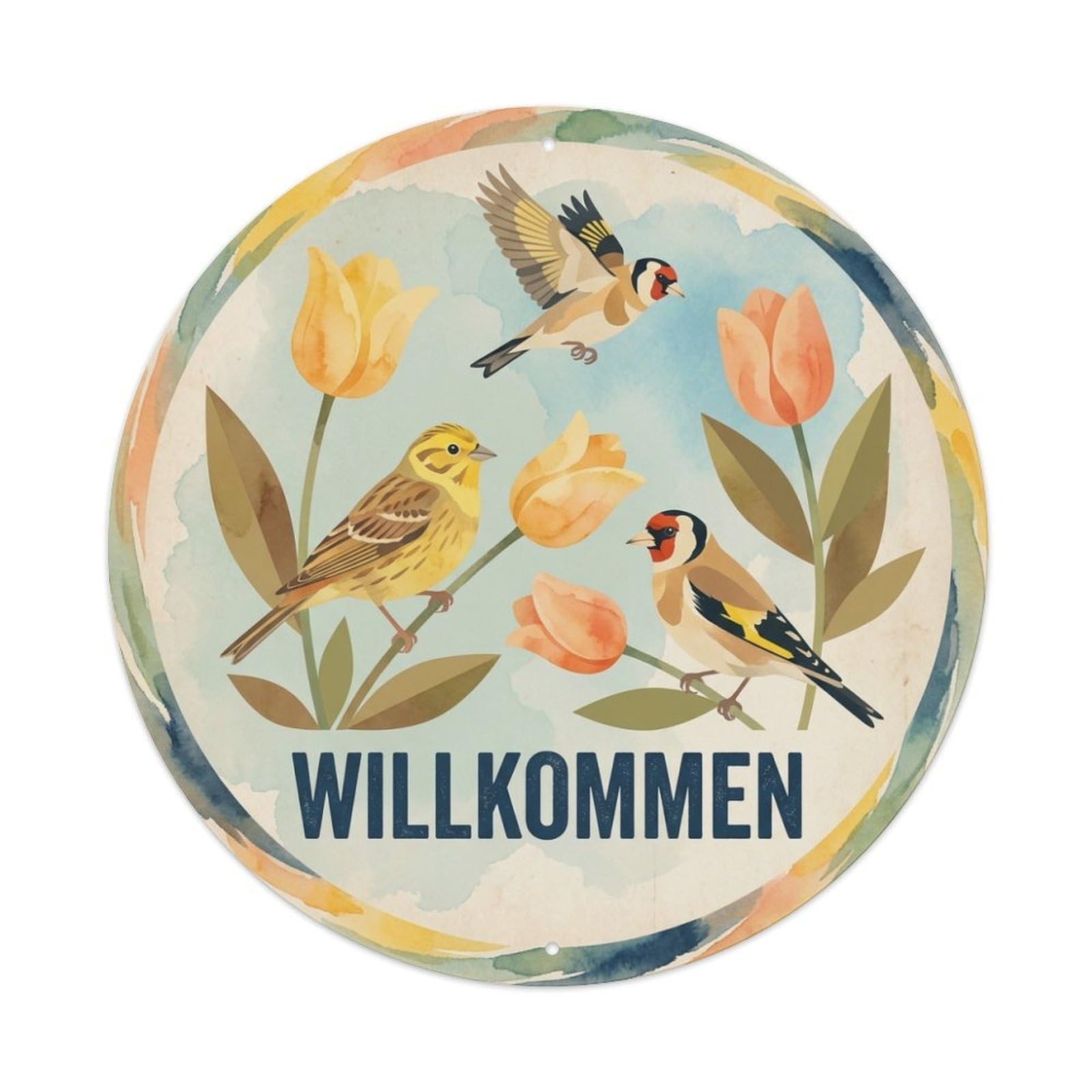 Watercolor Bird Slogan Willkommen Tulip Cluster Metal Tin Sign