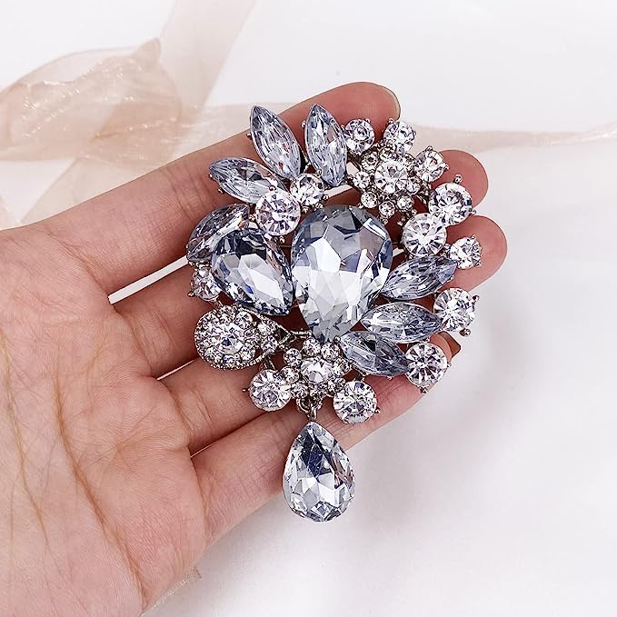 Image of Wedding Bridal Big Crystal Rhinestone Bouquet Brooch Pin for Women (Silver Tear Drop)