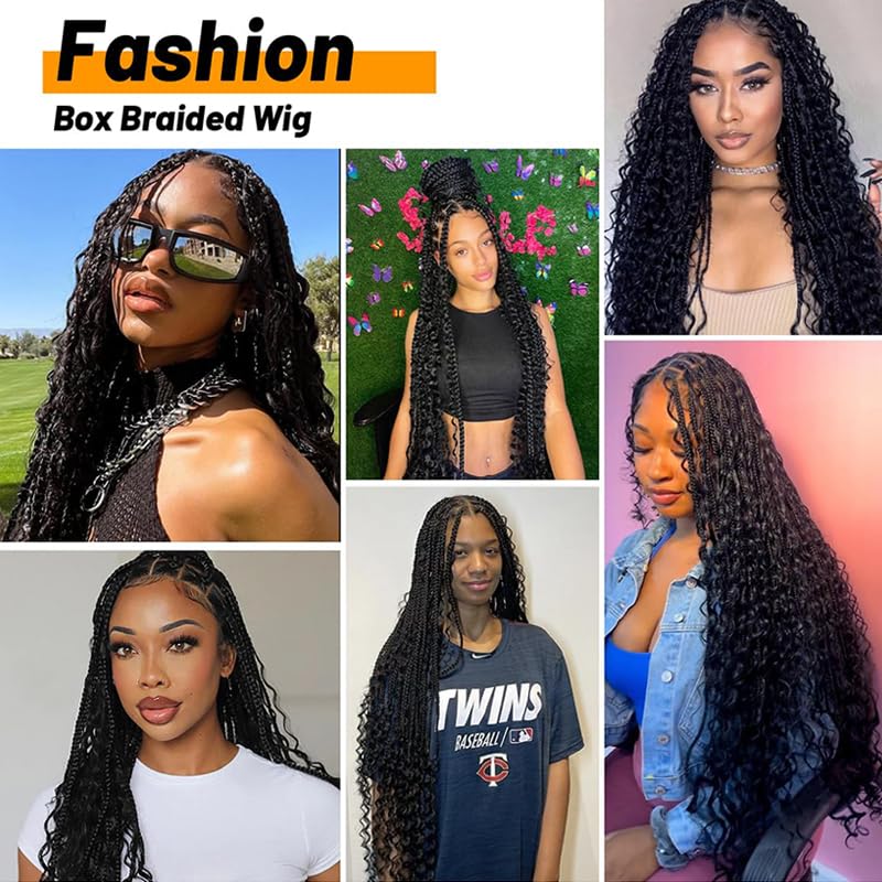 Alipearl Wig 36 Inch Knotless Braided Wigs Boho Braided Wig With Curly Ends 13x6 Lace Front Wig Synthetic Hair Goddess Triangle Braids Wig