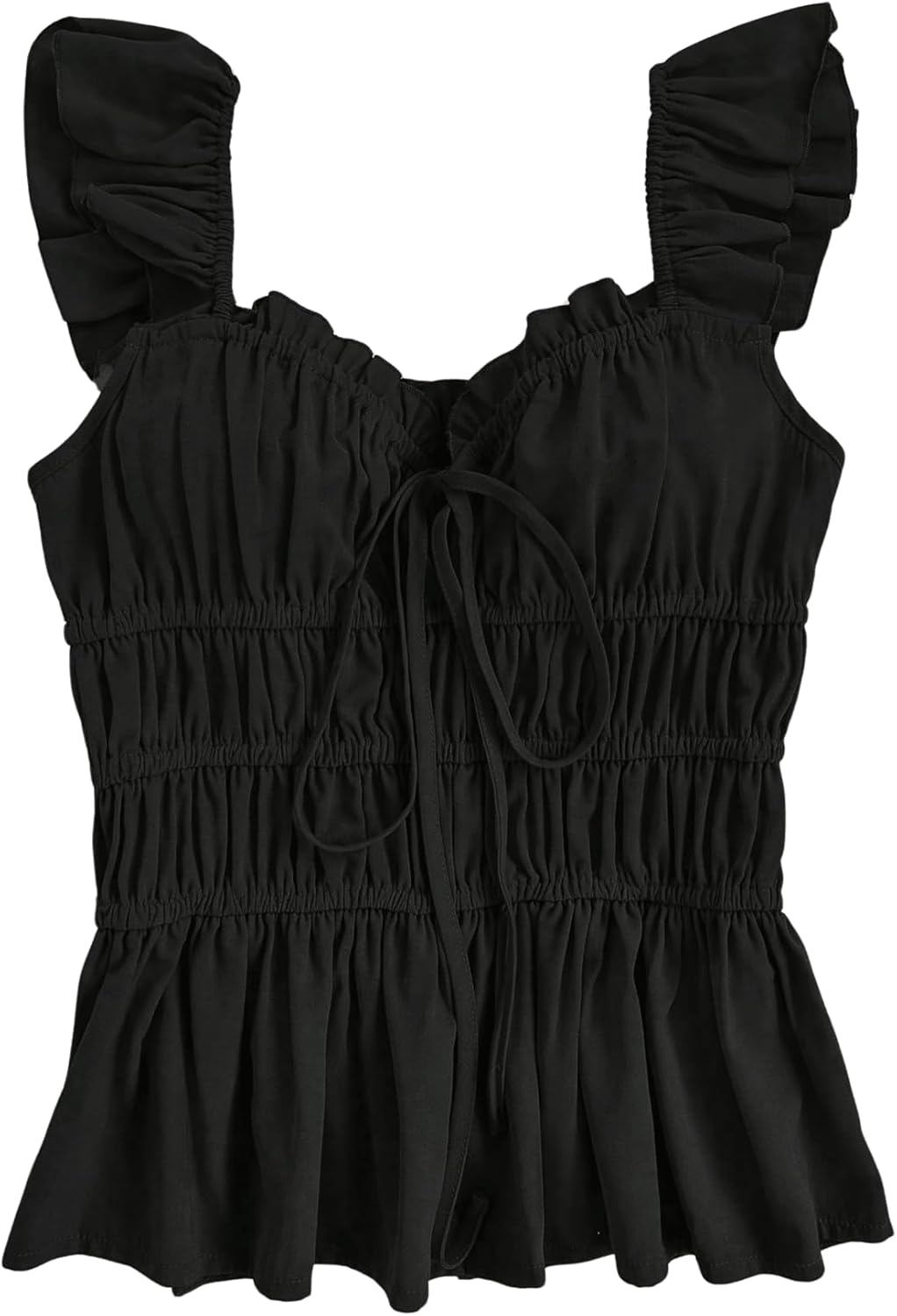 SweatyRocks Women's Babydoll Tops Tie Front Cute Flowy Ruffle Smocked Peplum Blouse Shirt