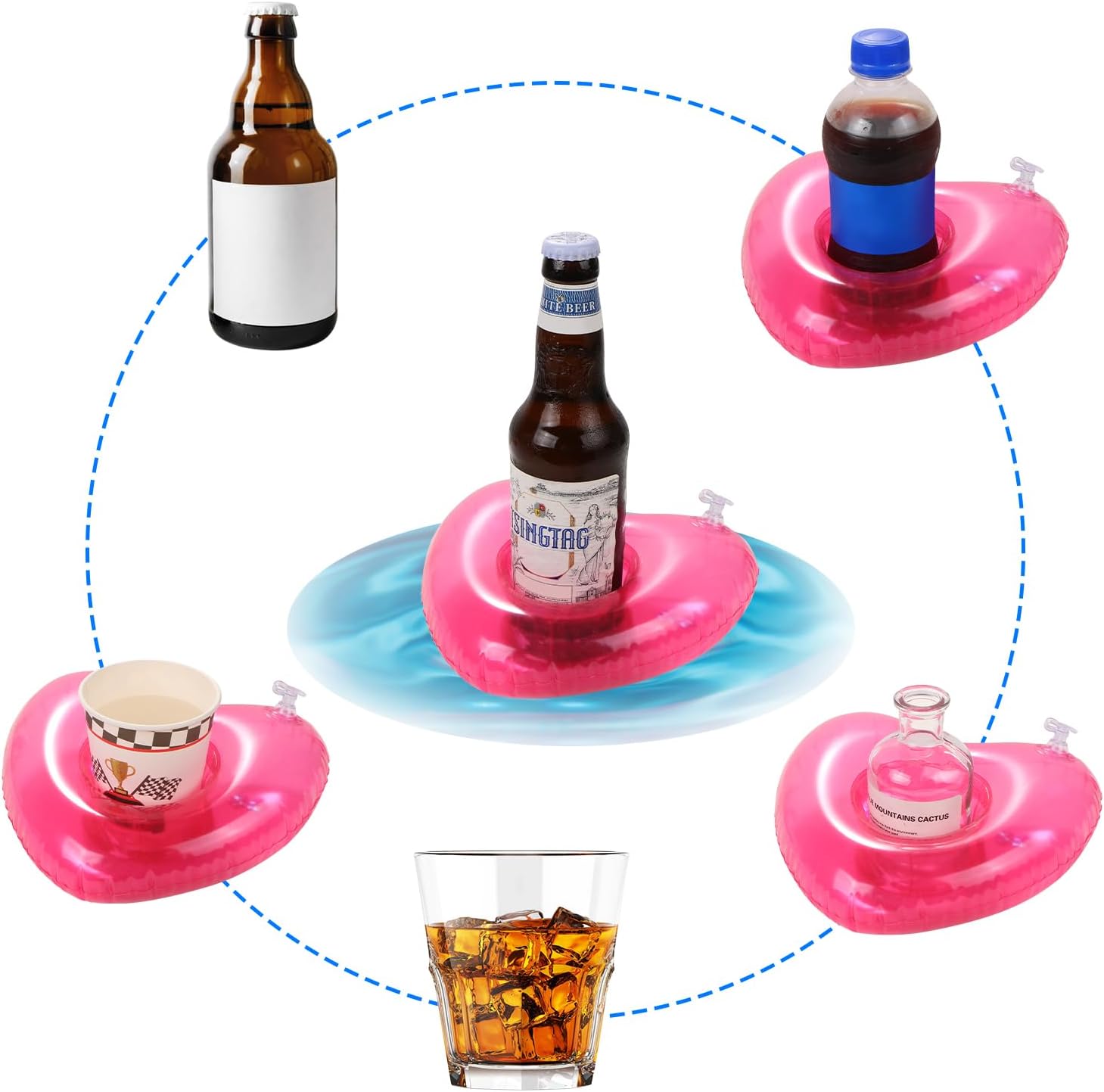 6 Pack Inflatable Pink Heart Drink Holder, LIYDE Drink Floaties Floating Drink Holder for Swimming Pool Drink Holder for Pool Party Decorations Pool Accessories for Adults