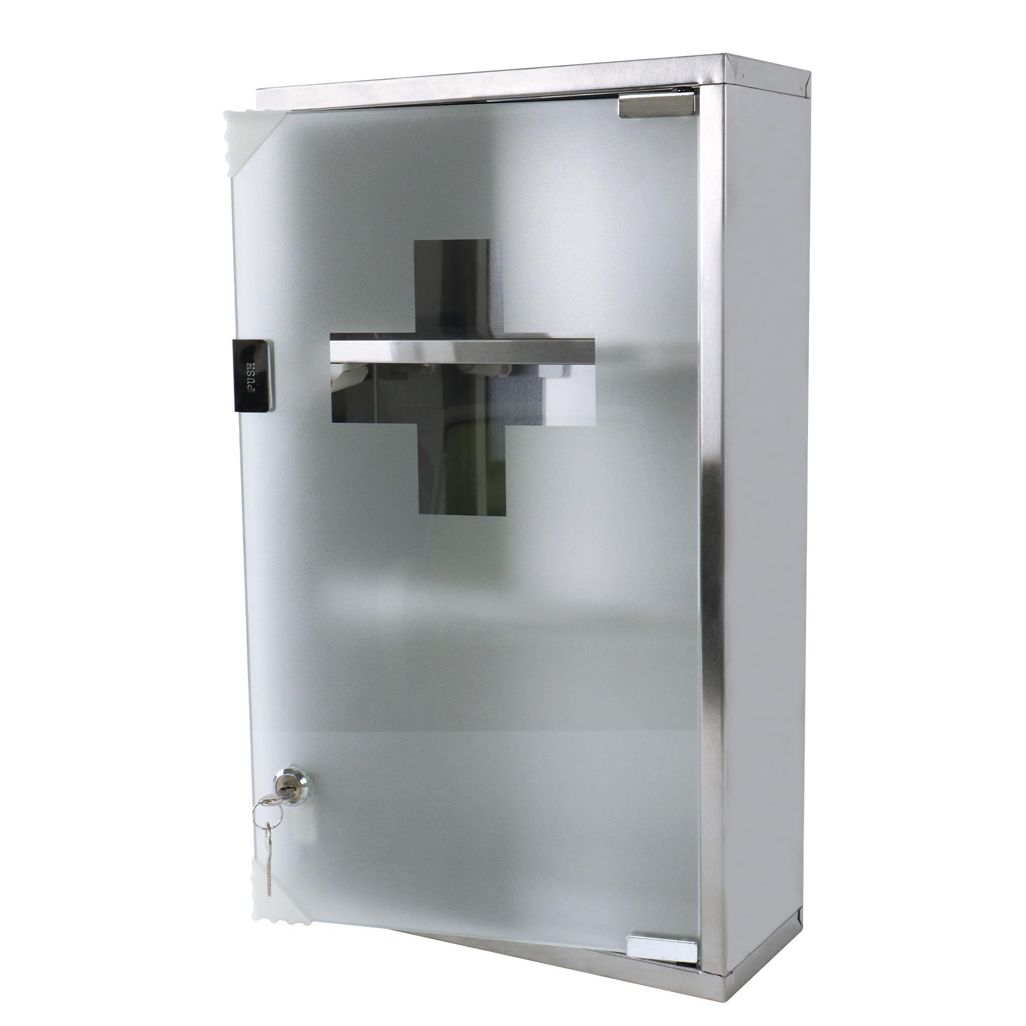 LILIIN Armoire à pharmacie en acier inoxydable avec 3 compartiments avec porte en verre et 2 clés - Armoire de premiers secours - 30 x 12 x 50 cm