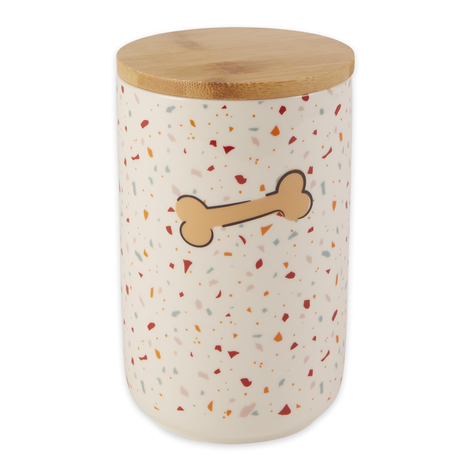 Recipiente de cerámica para mascotas con tapa de bambú y diseño terrazo 4x6.5