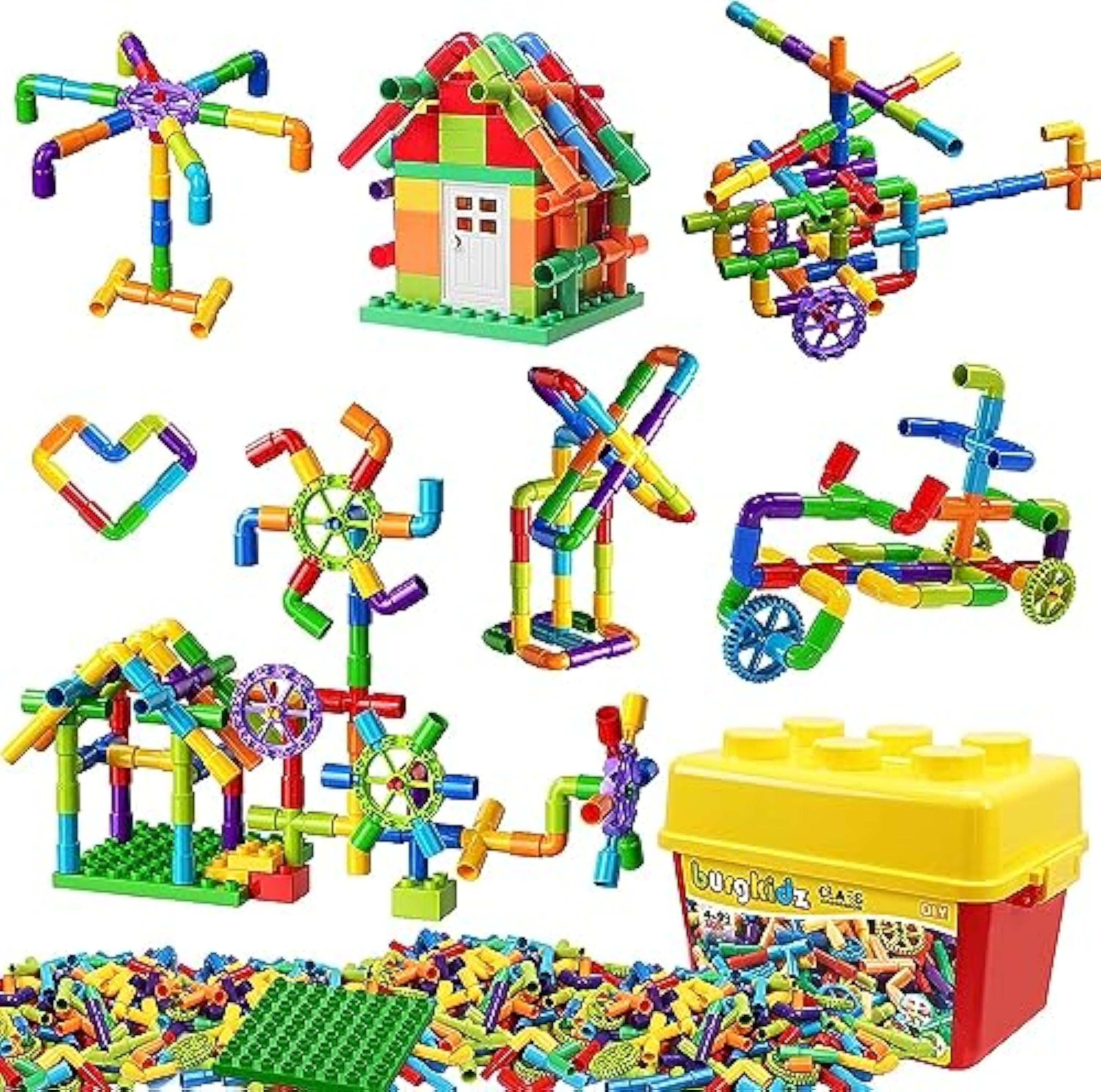 burgkidz Juguete de Bloques de Construcción de Tuberías, 188 Piezas Juegos de Cerraduras Stem Creativos, Kit Educativo Sensorial de Enclavamiento, Aprendizaje Preescolar