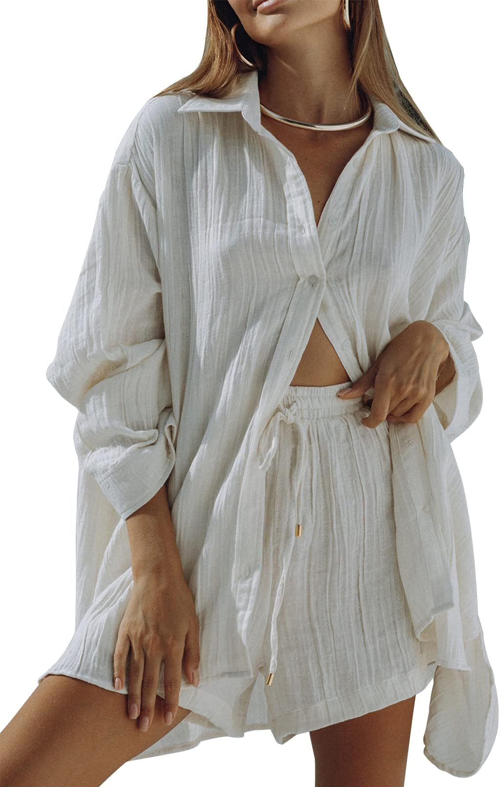 LinseryWomen 2 Piece Outfits Long Sleeve Button Down Shirt and Shorts Lounge Sets Sweatsuit