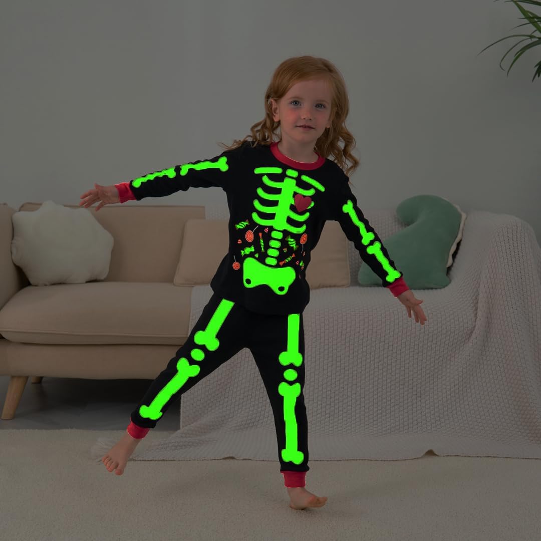 Akyzic Girls Halloween Pajamas Skeleton Glow in the Dark Cotton Sleepwear Two Piece Halloween Jammies 1-10 Years - Image 4
