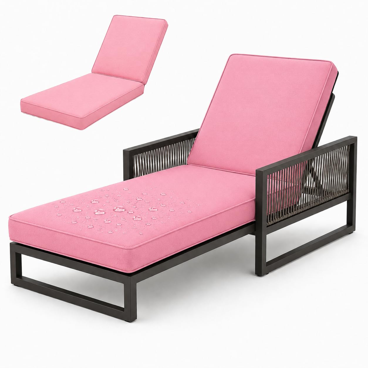 AZMAHT Sunlounger Cushions Only, Waterproof Thick Padded Sun Lounger Cushion for Garden Rattan Chairs, 50D Foam Recliner Replacement Pad with 6 Ties & Piping,Pink,203x66x8cm