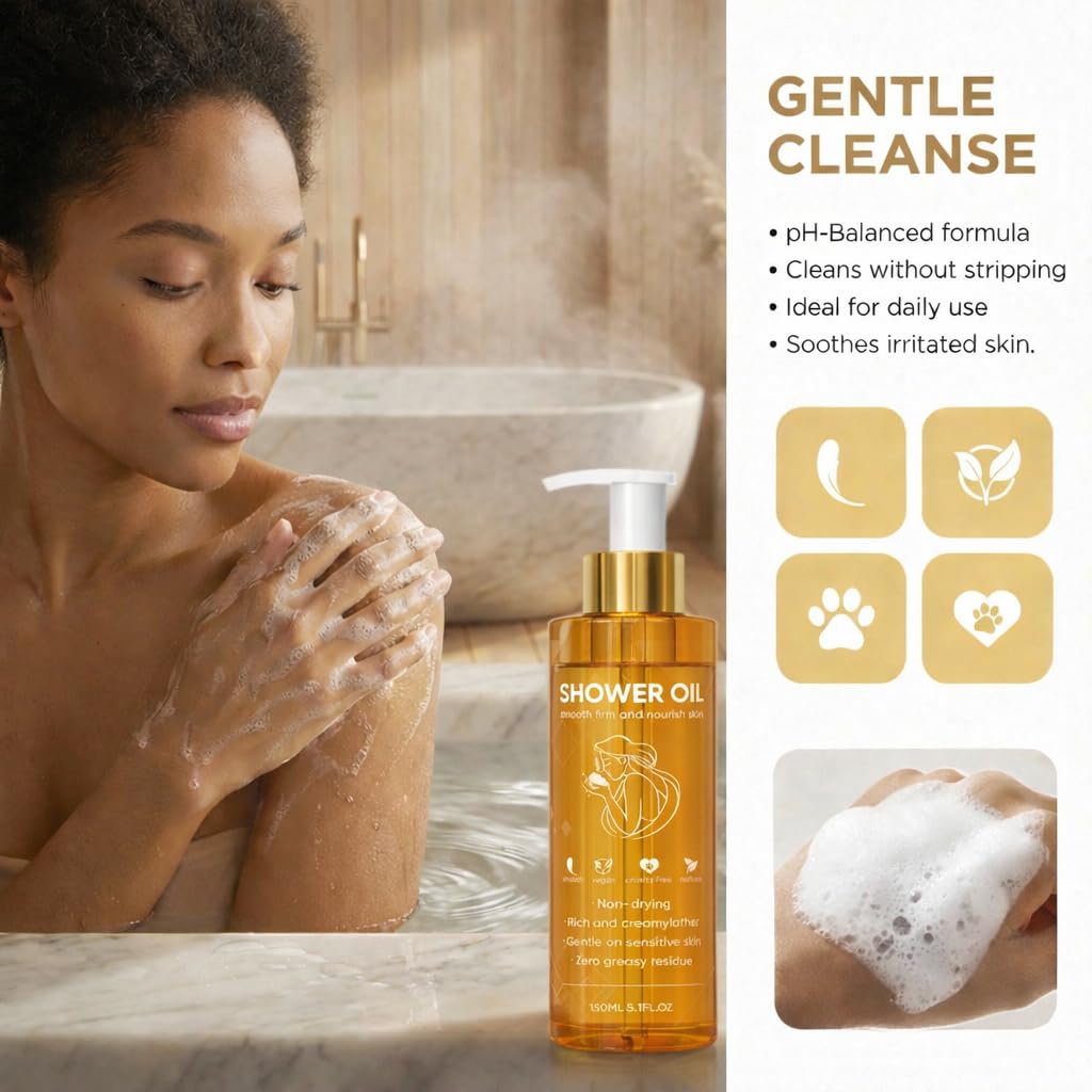 Shower Oil, Body Oil after Shower for Dry, Sensitive Skin, Helps to Smooth & Keep Skin Moisturized with Cold-Pressed Sweet Almond, vitamin E and Lavender Oil, 150ML 5.1FL OZ