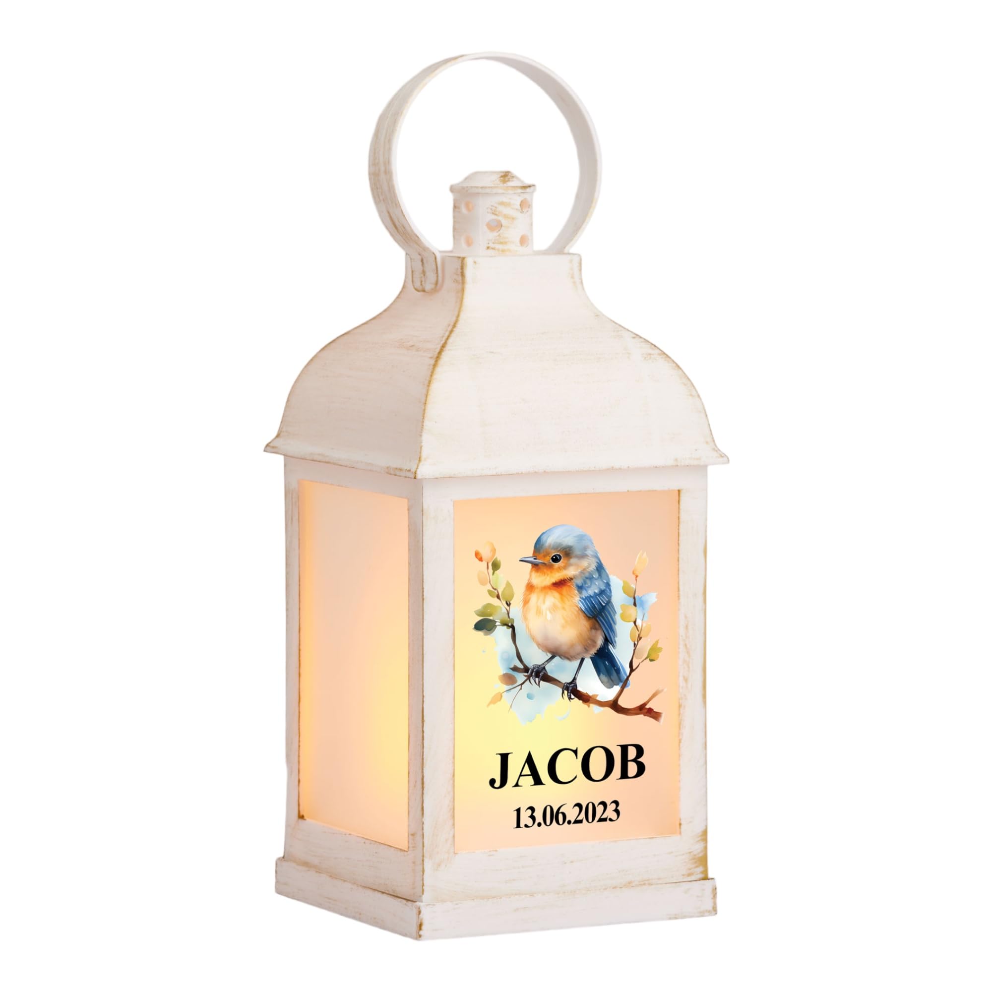 Personalised Baby Lamp Lantern Night Light with Woodland Robin